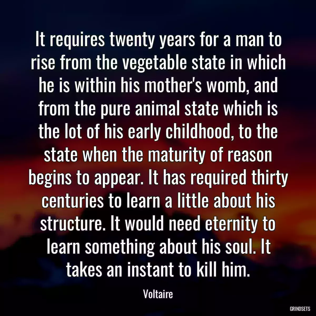 It requires twenty years for a man to rise from the vegetable state in which he is within his mother\'s womb, and from the pure animal state which is the lot of his early childhood, to the state when the maturity of reason begins to appear. It has required thirty centuries to learn a little about his structure. It would need eternity to learn something about his soul. It takes an instant to kill him.