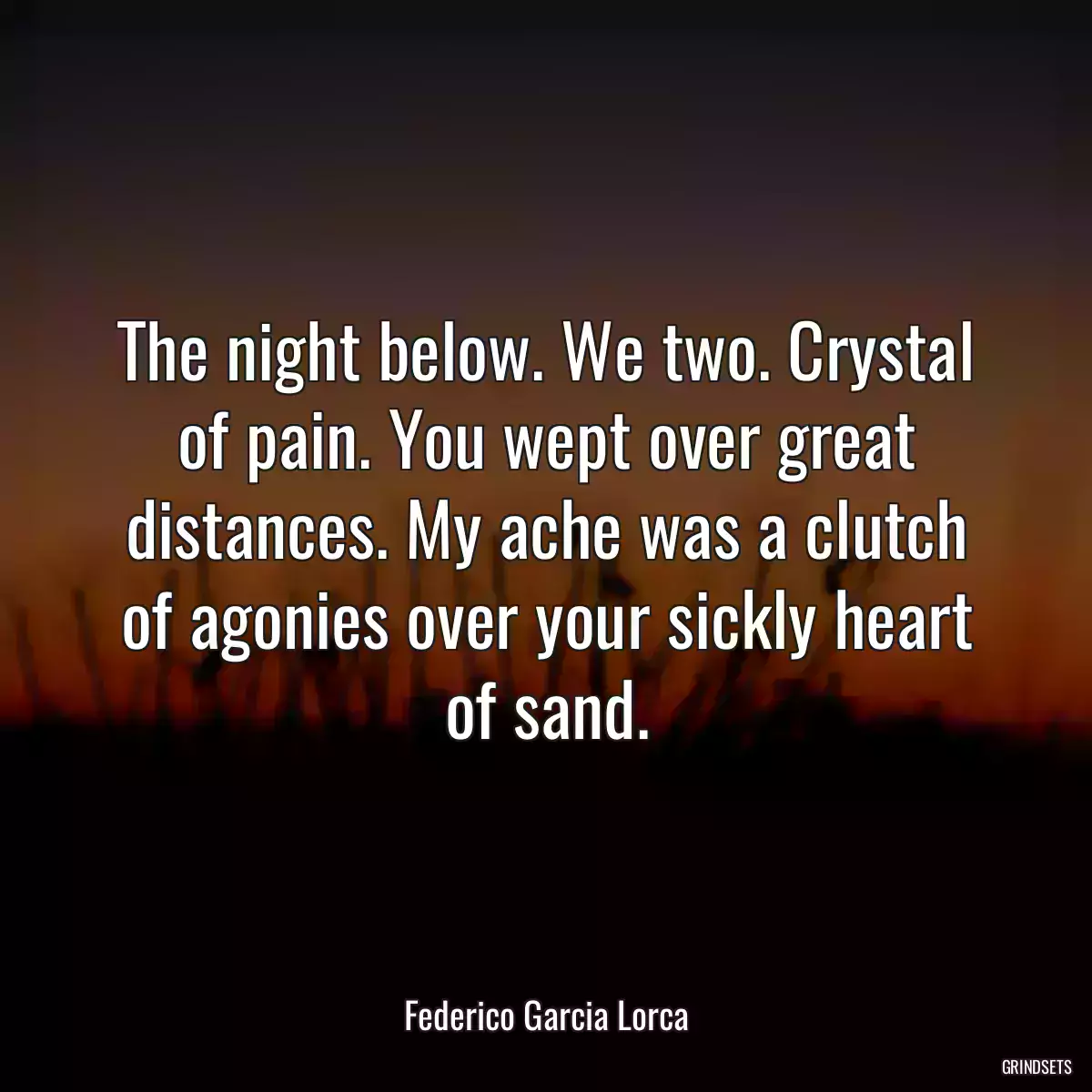 The night below. We two. Crystal of pain. You wept over great distances. My ache was a clutch of agonies over your sickly heart of sand.