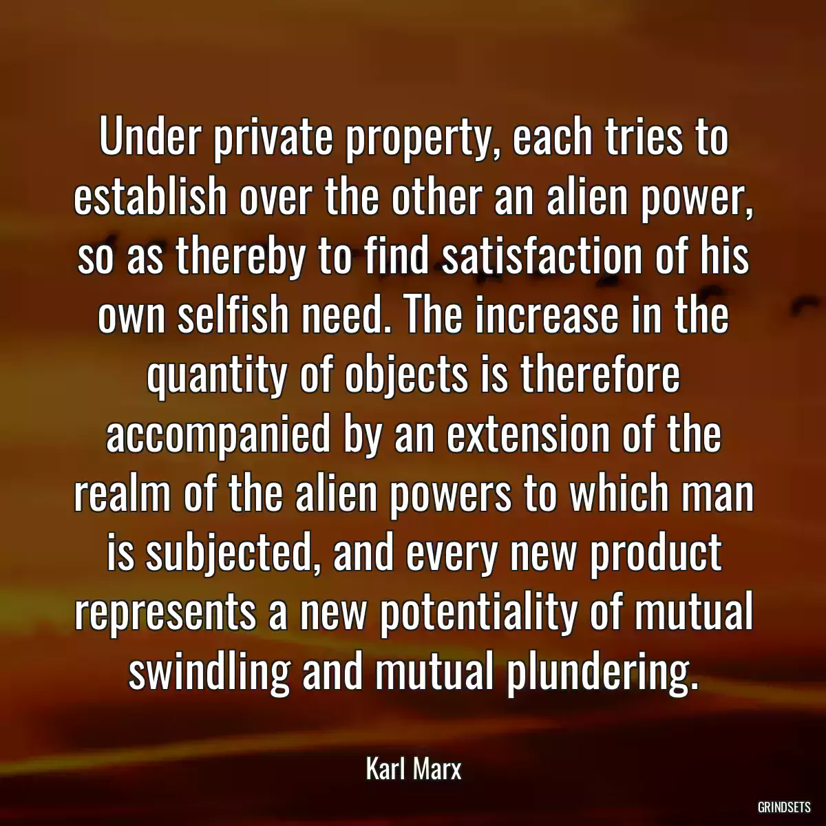 Under private property, each tries to establish over the other an alien power, so as thereby to find satisfaction of his own selfish need. The increase in the quantity of objects is therefore accompanied by an extension of the realm of the alien powers to which man is subjected, and every new product represents a new potentiality of mutual swindling and mutual plundering.