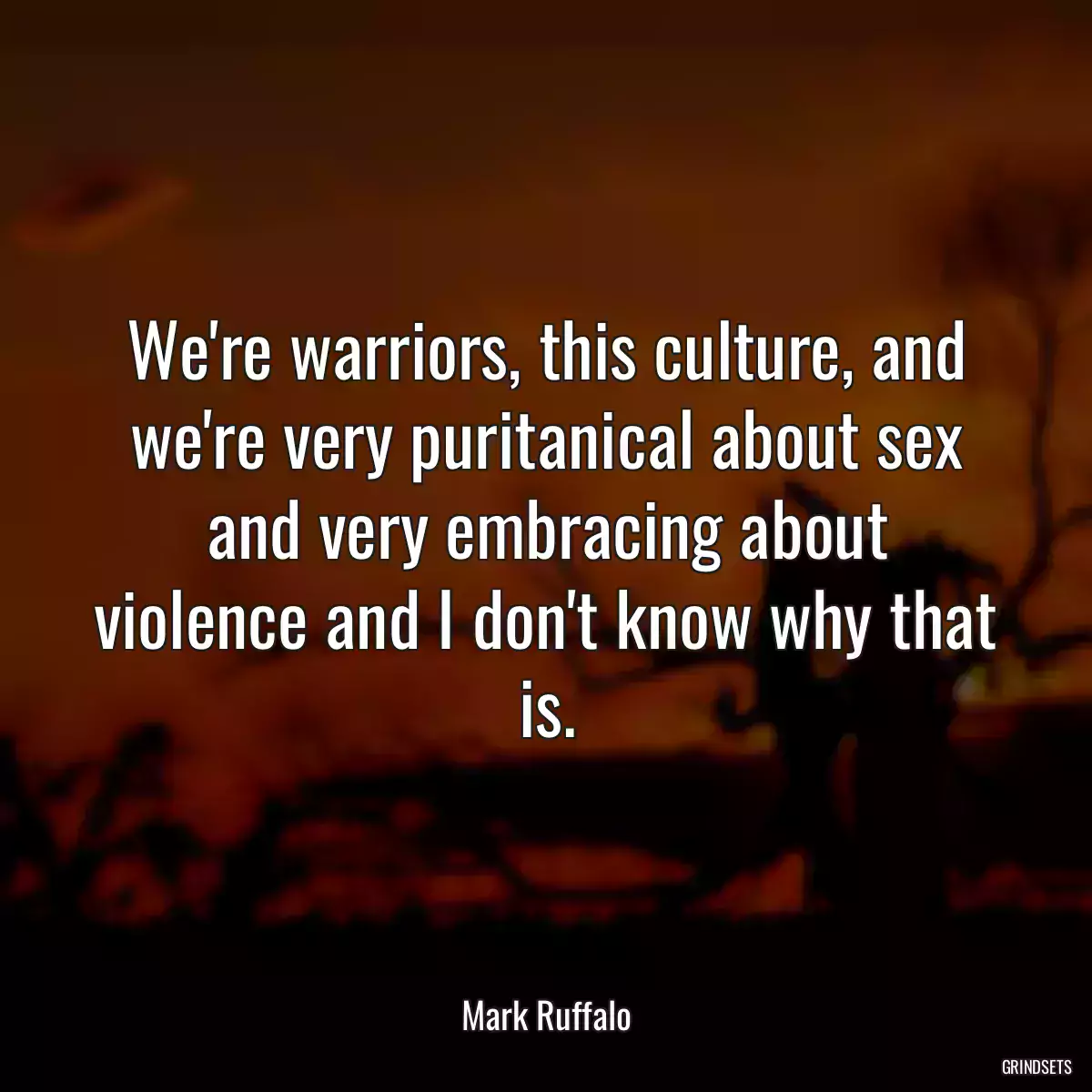 We\'re warriors, this culture, and we\'re very puritanical about sex and very embracing about violence and I don\'t know why that is.