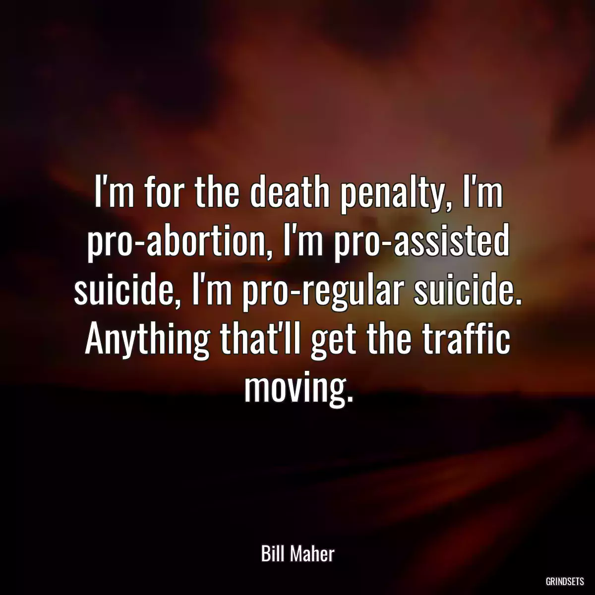 I\'m for the death penalty, I\'m pro-abortion, I\'m pro-assisted suicide, I\'m pro-regular suicide. Anything that\'ll get the traffic moving.