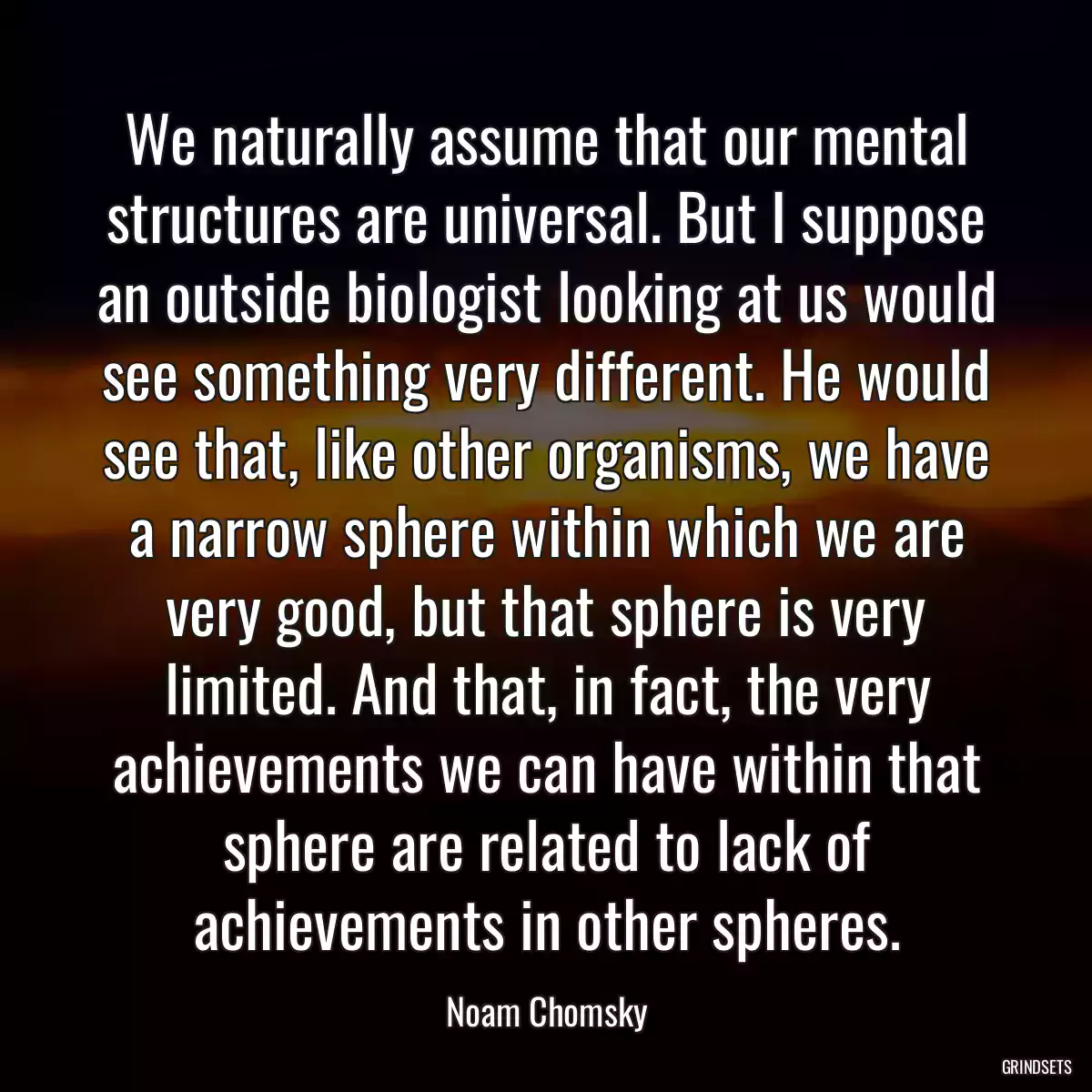 We naturally assume that our mental structures are universal. But I suppose an outside biologist looking at us would see something very different. He would see that, like other organisms, we have a narrow sphere within which we are very good, but that sphere is very limited. And that, in fact, the very achievements we can have within that sphere are related to lack of achievements in other spheres.