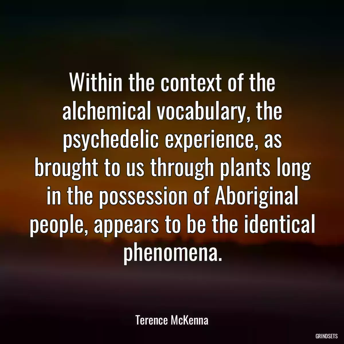 Within the context of the alchemical vocabulary, the psychedelic experience, as brought to us through plants long in the possession of Aboriginal people, appears to be the identical phenomena.