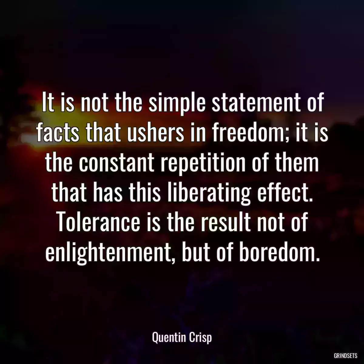 It is not the simple statement of facts that ushers in freedom; it is the constant repetition of them that has this liberating effect. Tolerance is the result not of enlightenment, but of boredom.