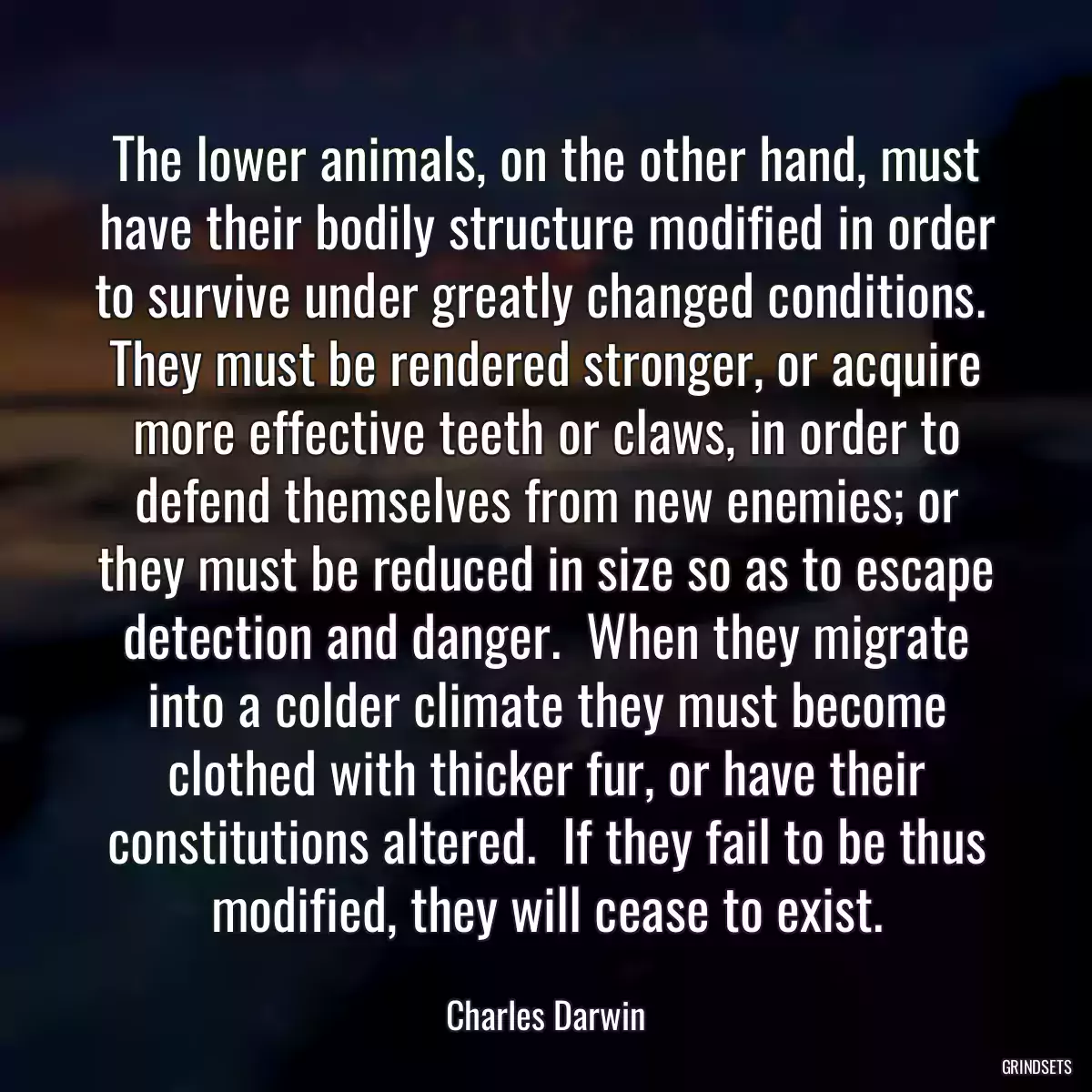 The lower animals, on the other hand, must have their bodily structure modified in order to survive under greatly changed conditions.  They must be rendered stronger, or acquire more effective teeth or claws, in order to defend themselves from new enemies; or they must be reduced in size so as to escape detection and danger.  When they migrate into a colder climate they must become clothed with thicker fur, or have their constitutions altered.  If they fail to be thus modified, they will cease to exist.