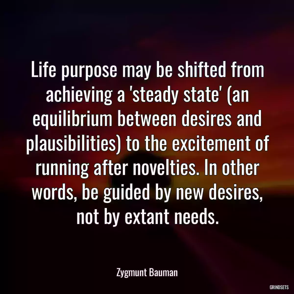 Life purpose may be shifted from achieving a \'steady state\' (an equilibrium between desires and plausibilities) to the excitement of running after novelties. In other words, be guided by new desires, not by extant needs.