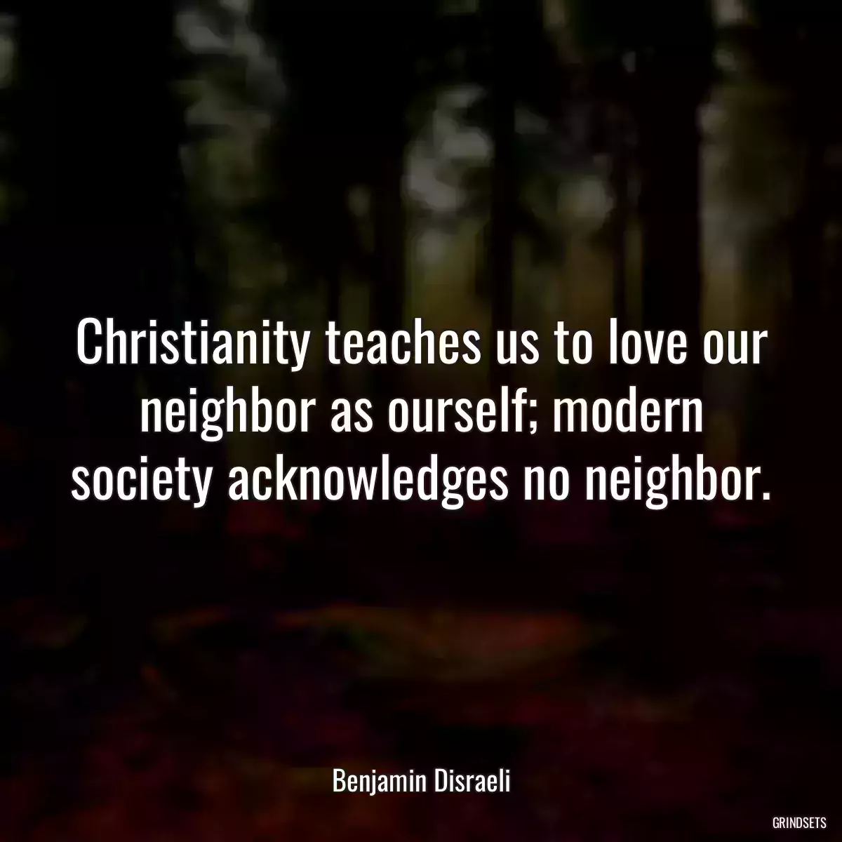 Christianity teaches us to love our neighbor as ourself; modern society acknowledges no neighbor.