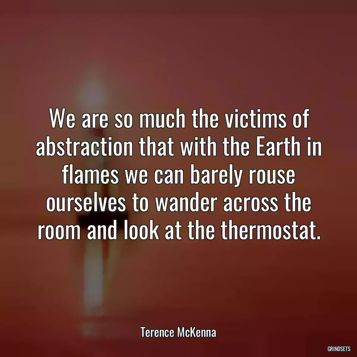 We are so much the victims of abstraction that with the Earth in flames we can barely rouse ourselves to wander across the room and look at the thermostat.