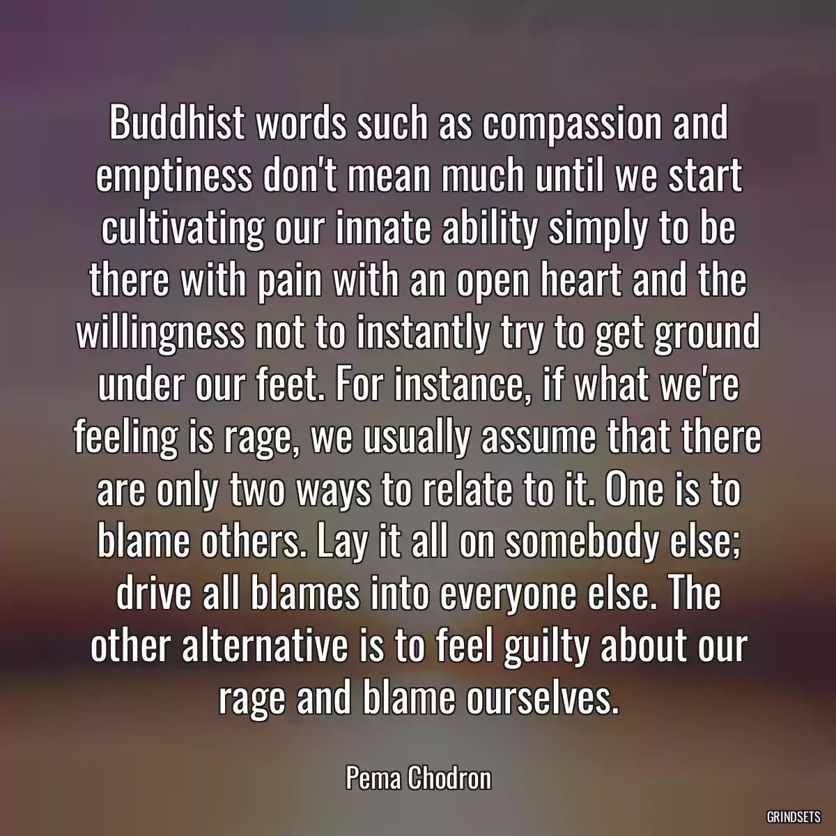 Buddhist words such as compassion and emptiness don\'t mean much until we start cultivating our innate ability simply to be there with pain with an open heart and the willingness not to instantly try to get ground under our feet. For instance, if what we\'re feeling is rage, we usually assume that there are only two ways to relate to it. One is to blame others. Lay it all on somebody else; drive all blames into everyone else. The other alternative is to feel guilty about our rage and blame ourselves.