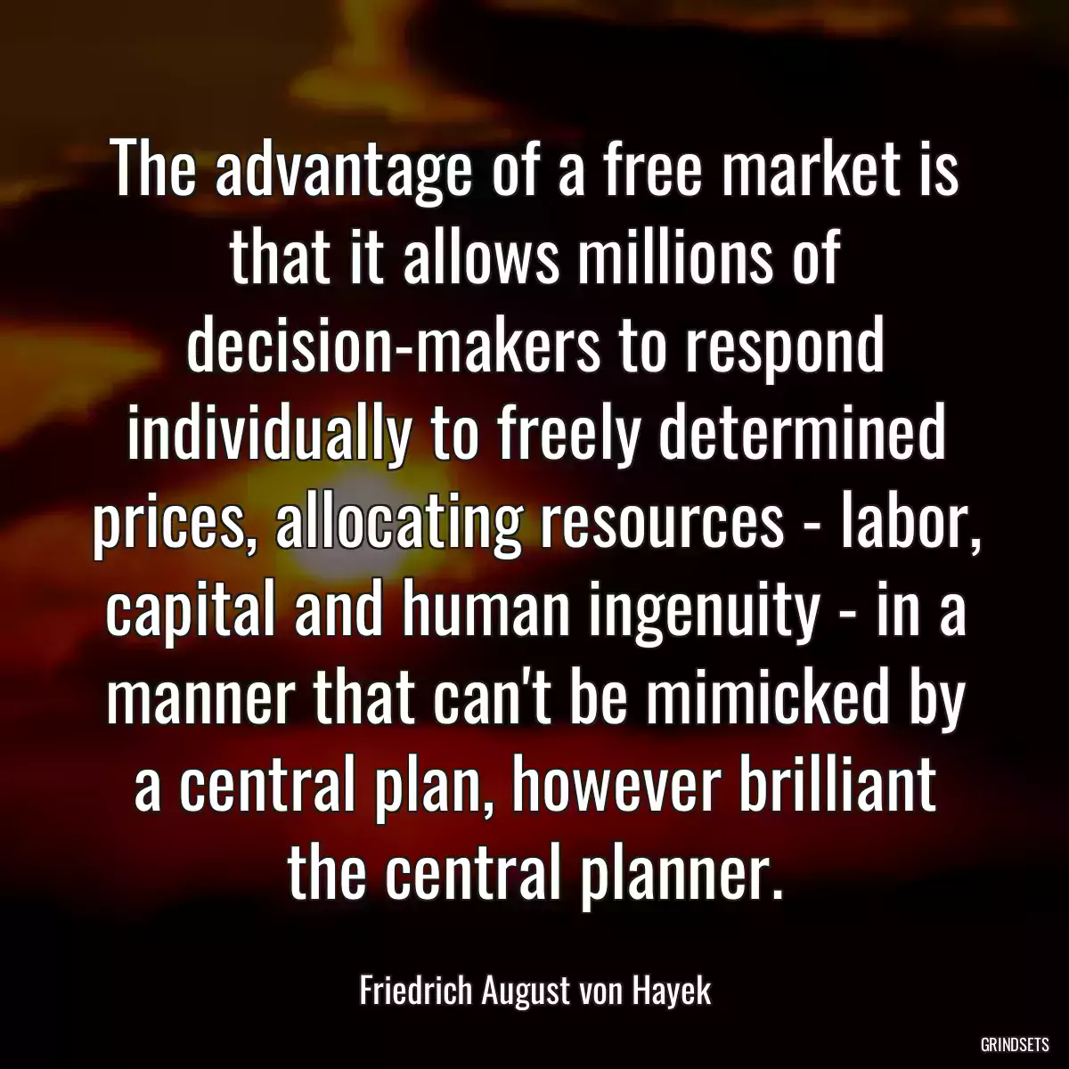 The advantage of a free market is that it allows millions of decision-makers to respond individually to freely determined prices, allocating resources - labor, capital and human ingenuity - in a manner that can\'t be mimicked by a central plan, however brilliant the central planner.