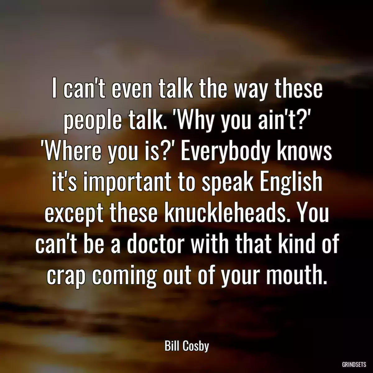 I can\'t even talk the way these people talk. \'Why you ain\'t?\' \'Where you is?\' Everybody knows it\'s important to speak English except these knuckleheads. You can\'t be a doctor with that kind of crap coming out of your mouth.