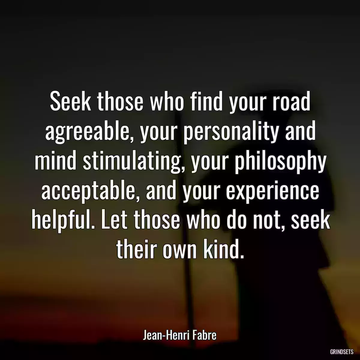 Seek those who find your road agreeable, your personality and mind stimulating, your philosophy acceptable, and your experience helpful. Let those who do not, seek their own kind.