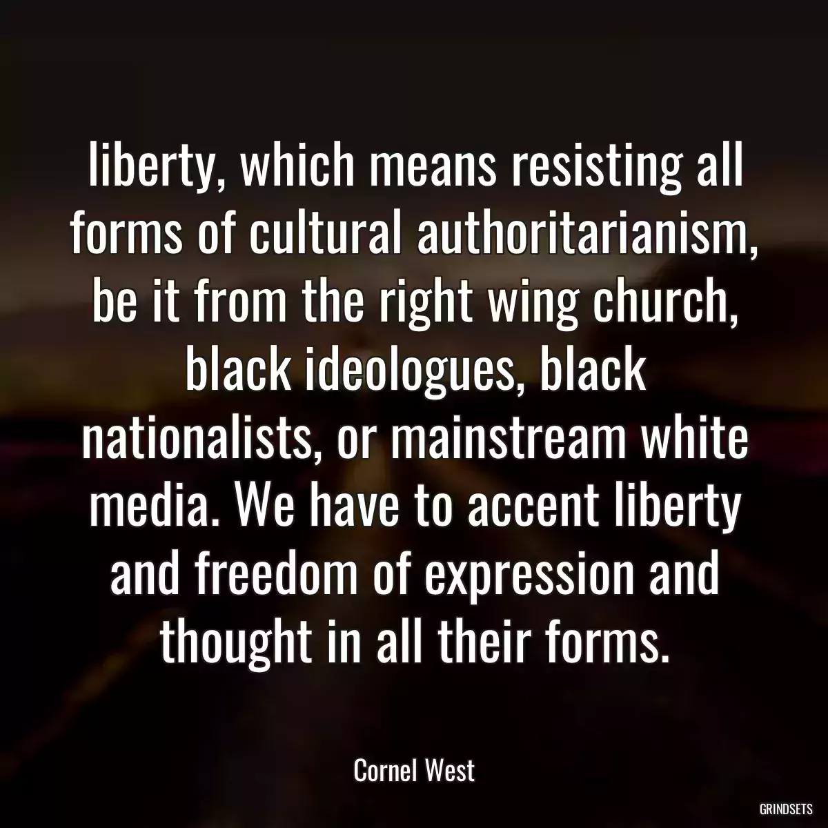 liberty, which means resisting all forms of cultural authoritarianism, be it from the right wing church, black ideologues, black nationalists, or mainstream white media. We have to accent liberty and freedom of expression and thought in all their forms.