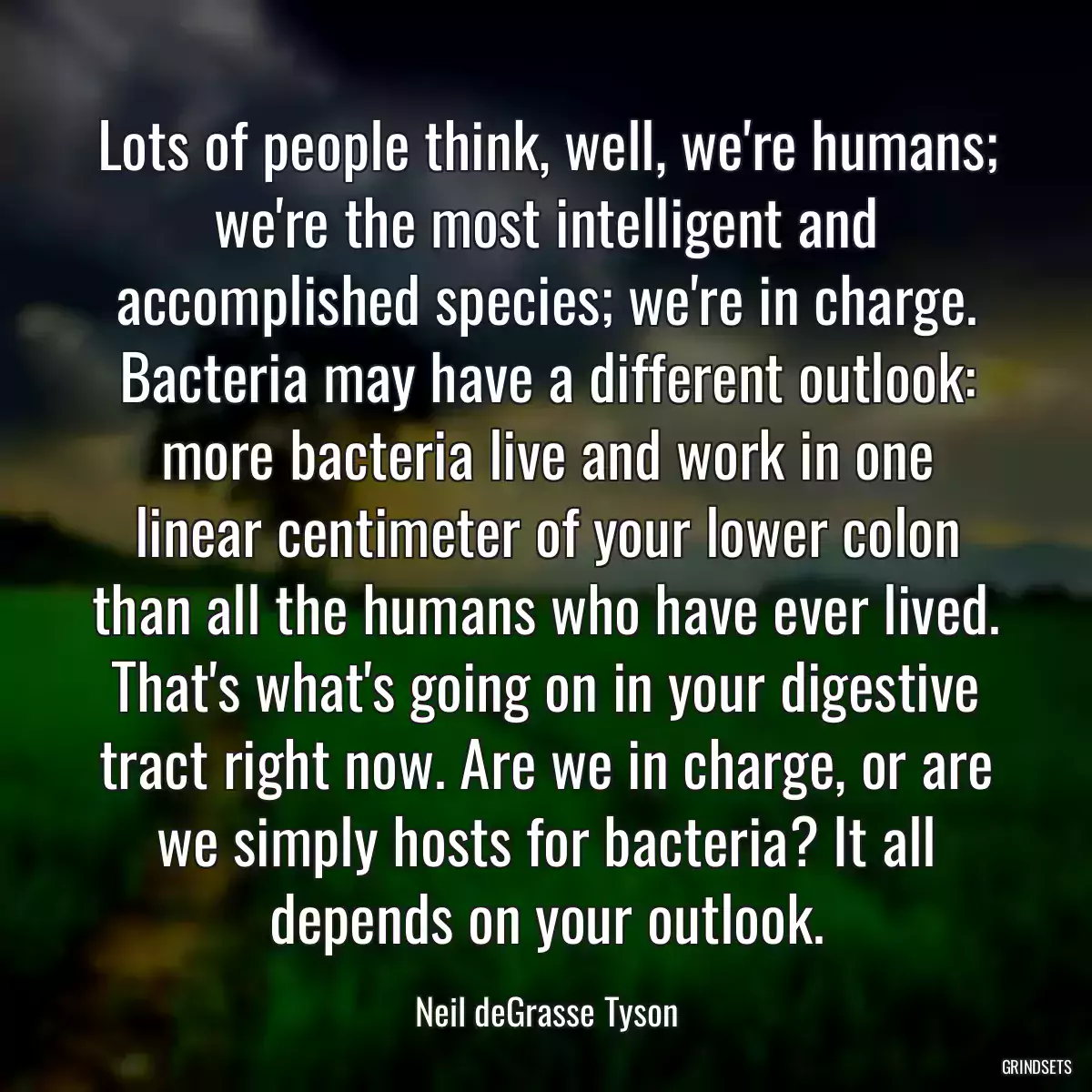 Lots of people think, well, we\'re humans; we\'re the most intelligent and accomplished species; we\'re in charge. Bacteria may have a different outlook: more bacteria live and work in one linear centimeter of your lower colon than all the humans who have ever lived. That\'s what\'s going on in your digestive tract right now. Are we in charge, or are we simply hosts for bacteria? It all depends on your outlook.