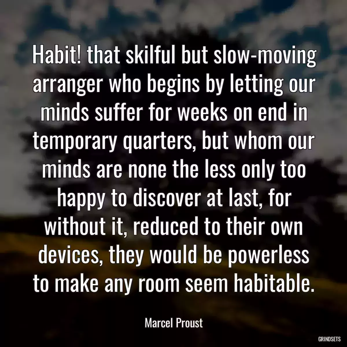 Habit! that skilful but slow-moving arranger who begins by letting our minds suffer for weeks on end in temporary quarters, but whom our minds are none the less only too happy to discover at last, for without it, reduced to their own devices, they would be powerless to make any room seem habitable.