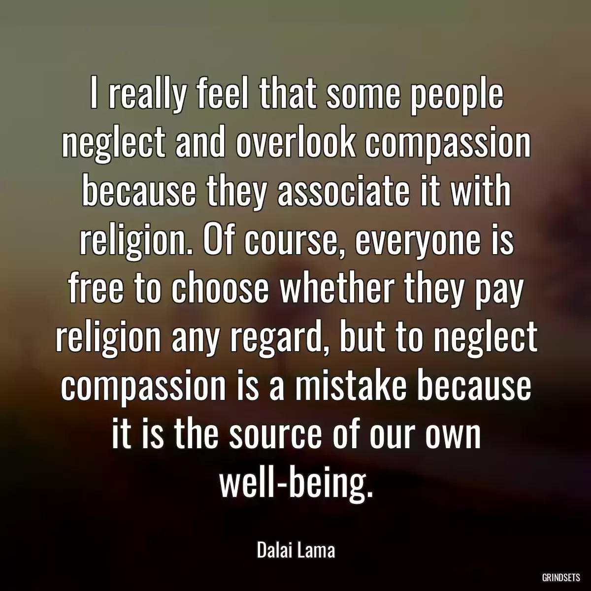 I really feel that some people neglect and overlook compassion because they associate it with religion. Of course, everyone is free to choose whether they pay religion any regard, but to neglect compassion is a mistake because it is the source of our own well-being.