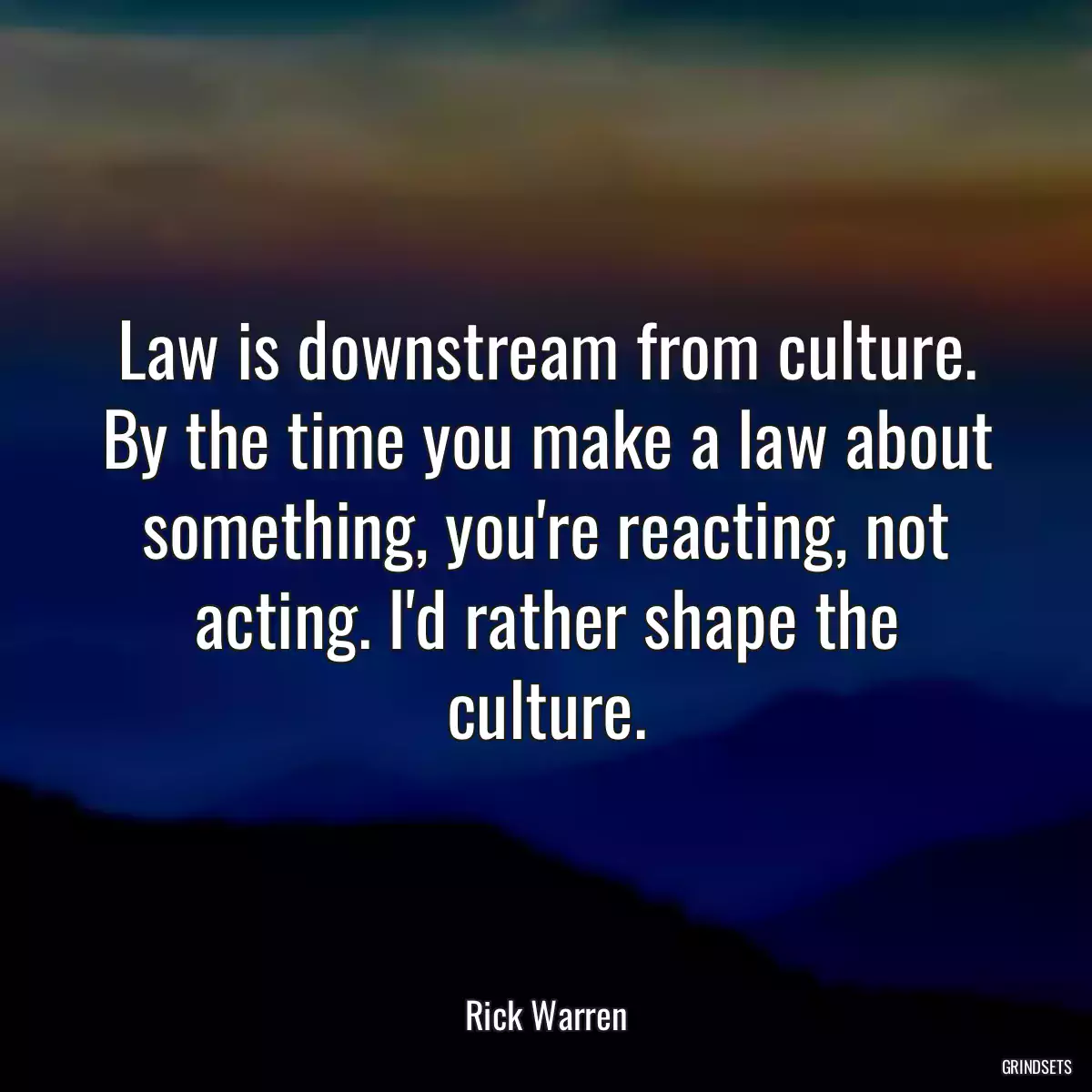 Law is downstream from culture. By the time you make a law about something, you\'re reacting, not acting. I\'d rather shape the culture.