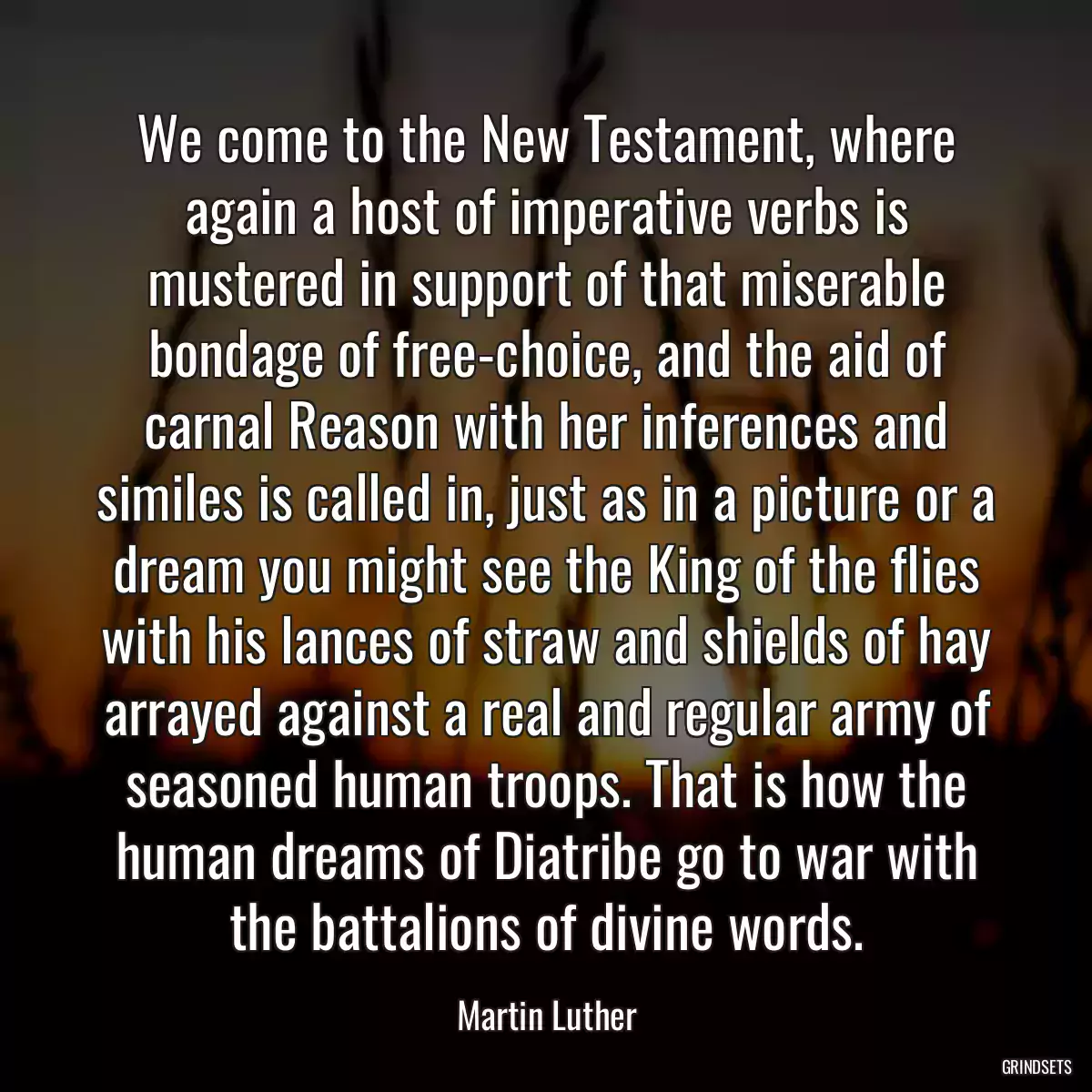 We come to the New Testament, where again a host of imperative verbs is mustered in support of that miserable bondage of free-choice, and the aid of carnal Reason with her inferences and similes is called in, just as in a picture or a dream you might see the King of the flies with his lances of straw and shields of hay arrayed against a real and regular army of seasoned human troops. That is how the human dreams of Diatribe go to war with the battalions of divine words.