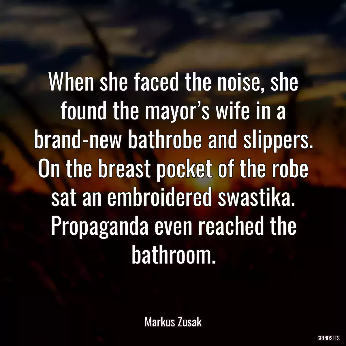 When she faced the noise, she found the mayor’s wife in a brand-new bathrobe and slippers. On the breast pocket of the robe sat an embroidered swastika. Propaganda even reached the bathroom.