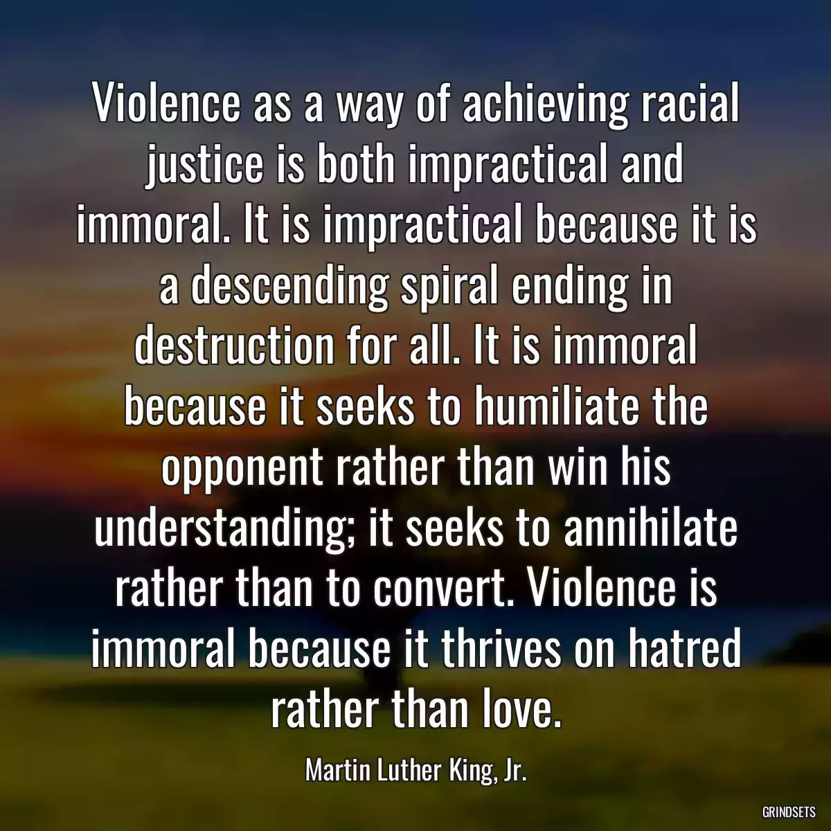 Violence as a way of achieving racial justice is both impractical and immoral. It is impractical because it is a descending spiral ending in destruction for all. It is immoral because it seeks to humiliate the opponent rather than win his understanding; it seeks to annihilate rather than to convert. Violence is immoral because it thrives on hatred rather than love.