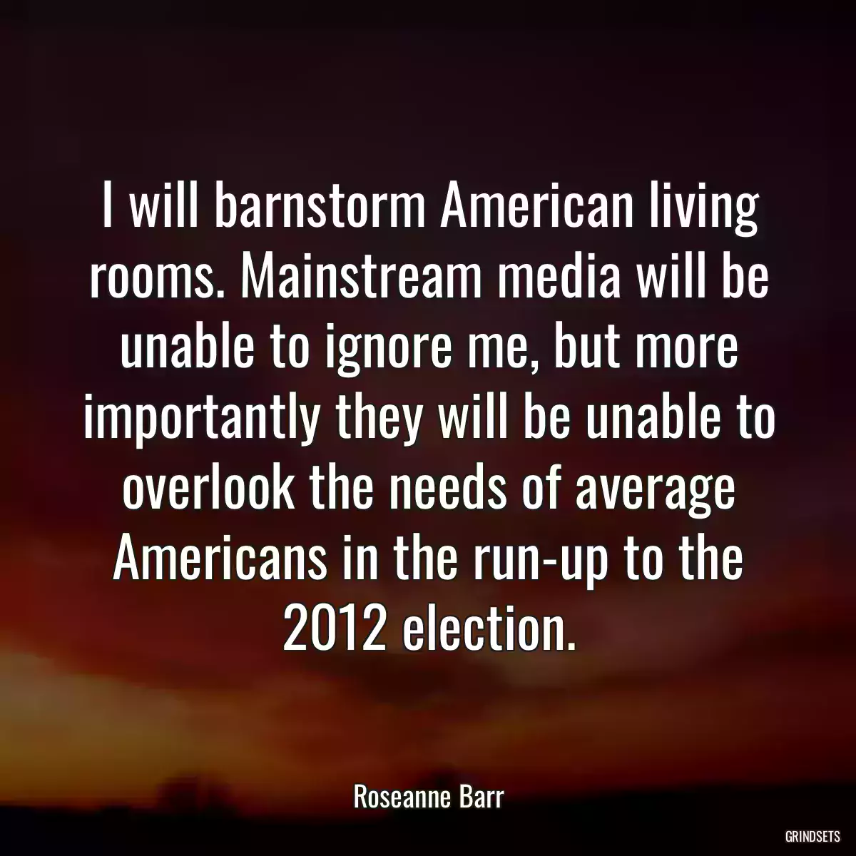 I will barnstorm American living rooms. Mainstream media will be unable to ignore me, but more importantly they will be unable to overlook the needs of average Americans in the run-up to the 2012 election.