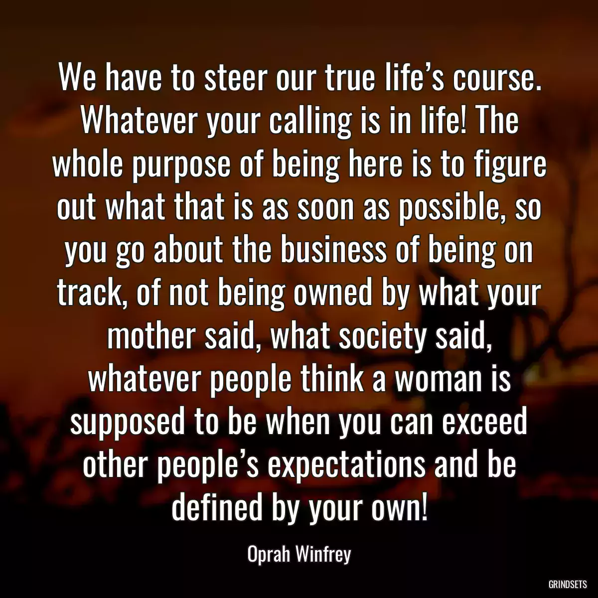 We have to steer our true life’s course. Whatever your calling is in life! The whole purpose of being here is to figure out what that is as soon as possible, so you go about the business of being on track, of not being owned by what your mother said, what society said, whatever people think a woman is supposed to be when you can exceed other people’s expectations and be defined by your own!