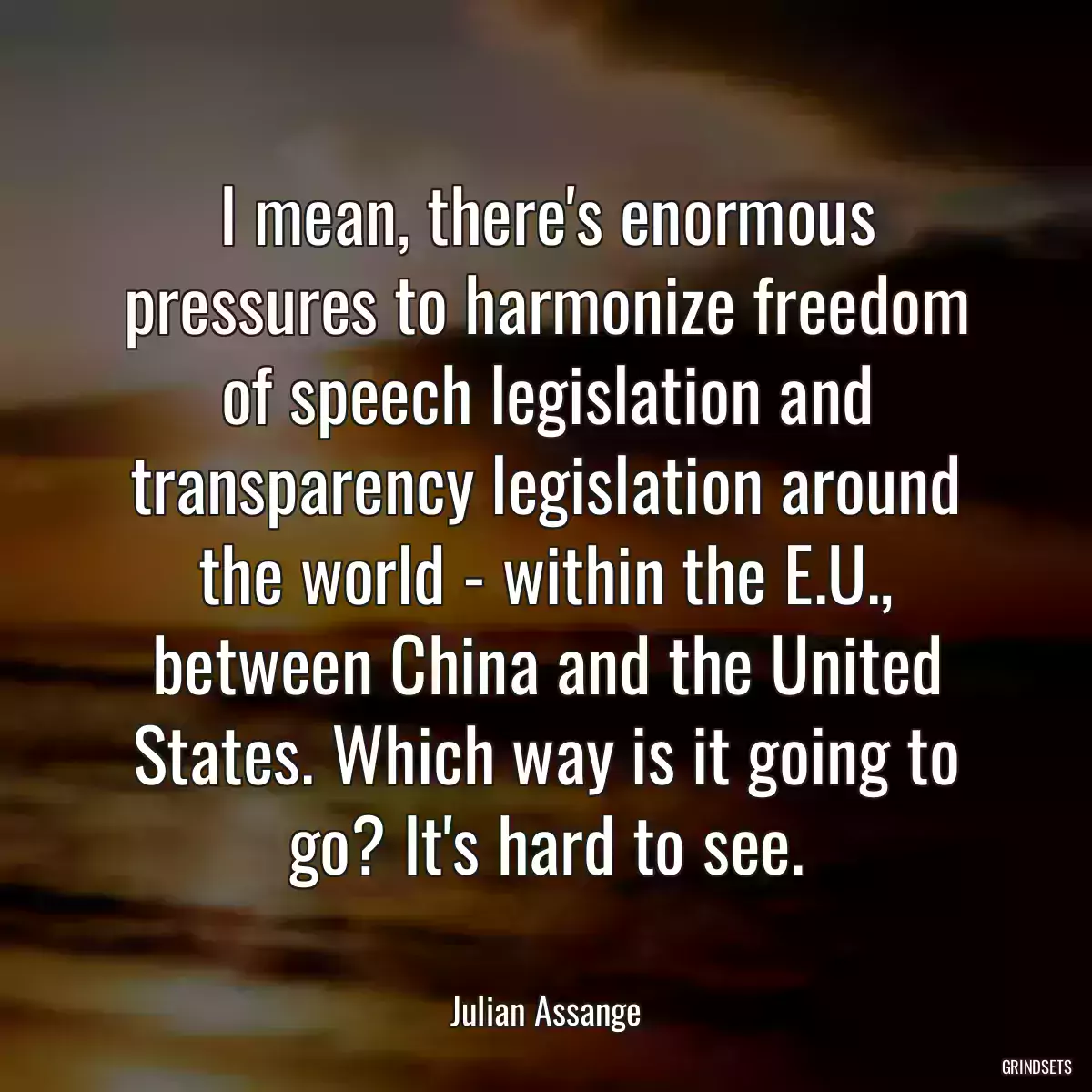 I mean, there\'s enormous pressures to harmonize freedom of speech legislation and transparency legislation around the world - within the E.U., between China and the United States. Which way is it going to go? It\'s hard to see.