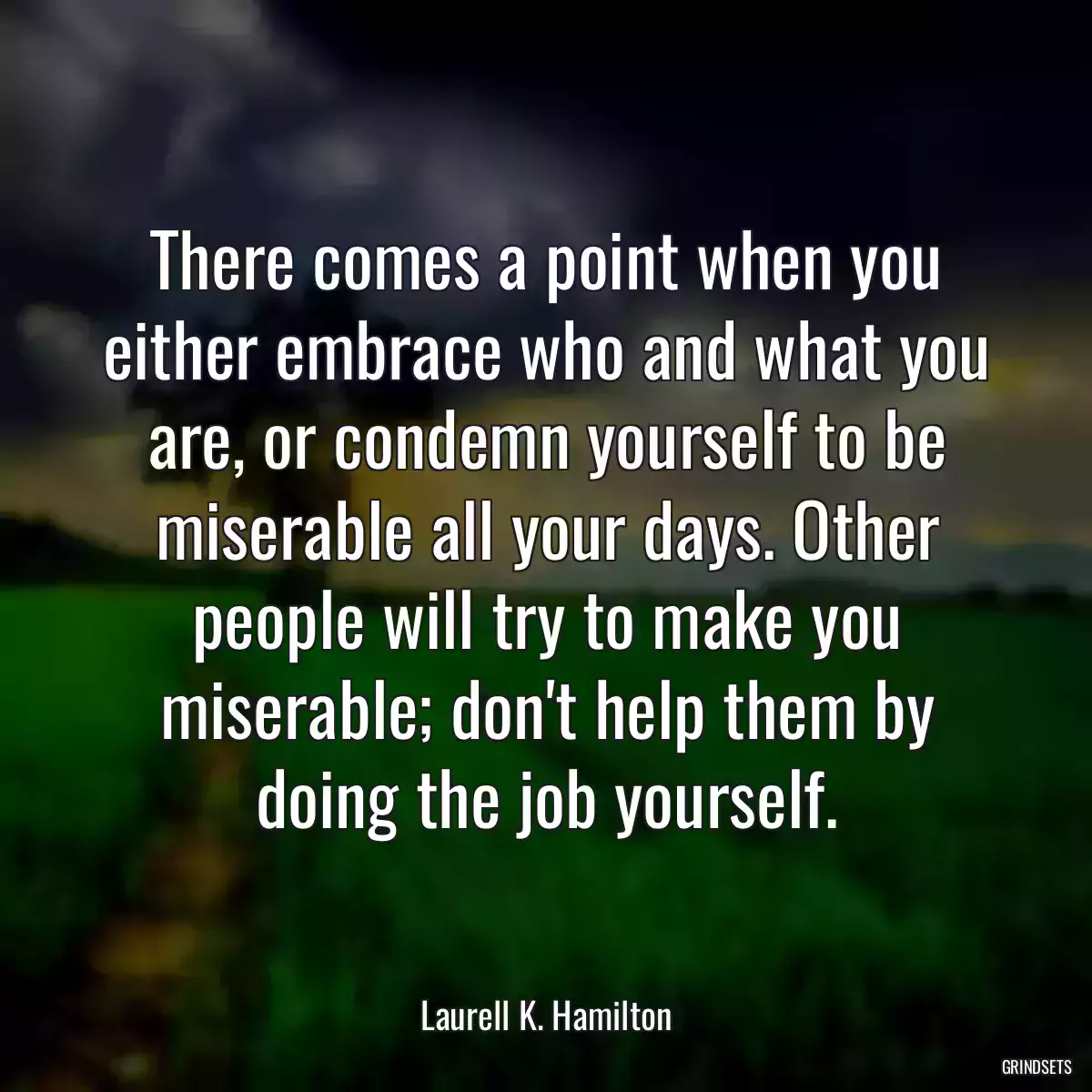 There comes a point when you either embrace who and what you are, or condemn yourself to be miserable all your days. Other people will try to make you miserable; don\'t help them by doing the job yourself.