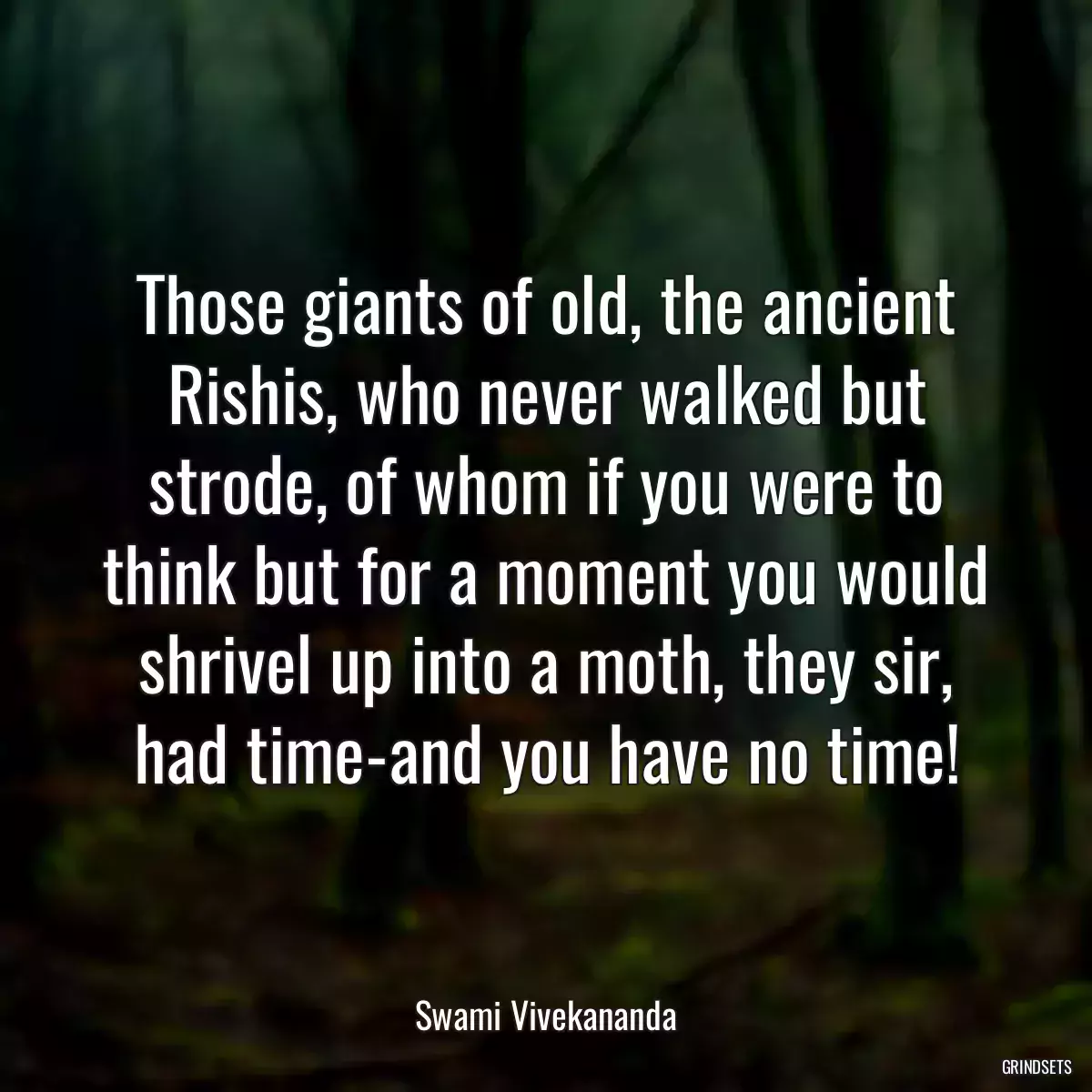 Those giants of old, the ancient Rishis, who never walked but strode, of whom if you were to think but for a moment you would shrivel up into a moth, they sir, had time-and you have no time!