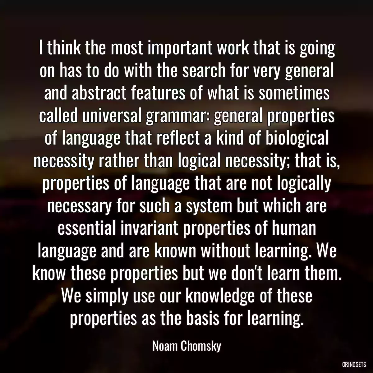 I think the most important work that is going on has to do with the search for very general and abstract features of what is sometimes called universal grammar: general properties of language that reflect a kind of biological necessity rather than logical necessity; that is, properties of language that are not logically necessary for such a system but which are essential invariant properties of human language and are known without learning. We know these properties but we don\'t learn them. We simply use our knowledge of these properties as the basis for learning.