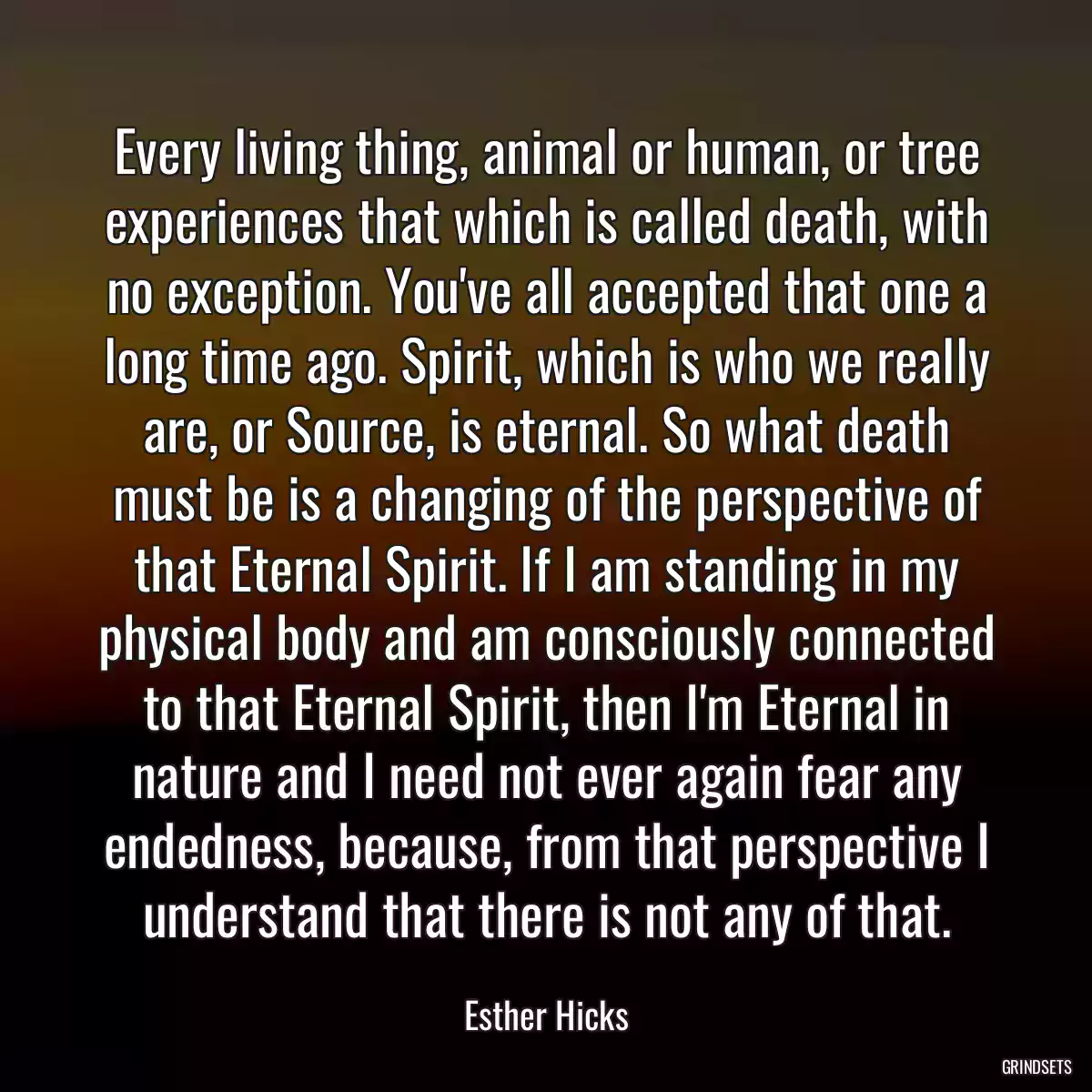 Every living thing, animal or human, or tree experiences that which is called death, with no exception. You\'ve all accepted that one a long time ago. Spirit, which is who we really are, or Source, is eternal. So what death must be is a changing of the perspective of that Eternal Spirit. If I am standing in my physical body and am consciously connected to that Eternal Spirit, then I\'m Eternal in nature and I need not ever again fear any endedness, because, from that perspective I understand that there is not any of that.