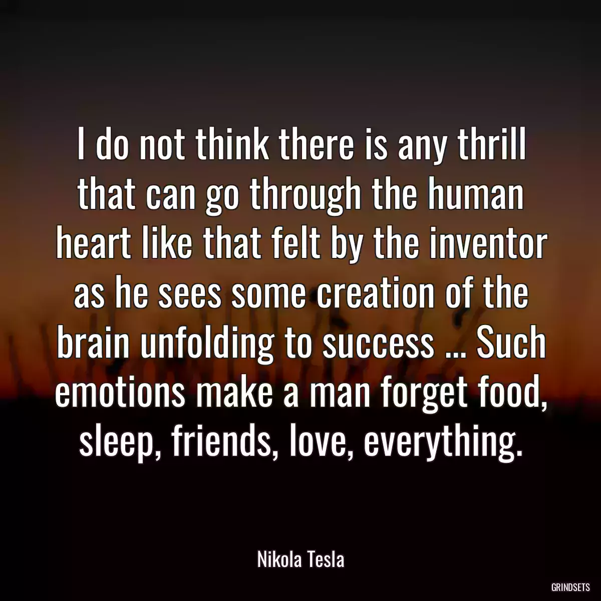 I do not think there is any thrill that can go through the human heart like that felt by the inventor as he sees some creation of the brain unfolding to success ... Such emotions make a man forget food, sleep, friends, love, everything.