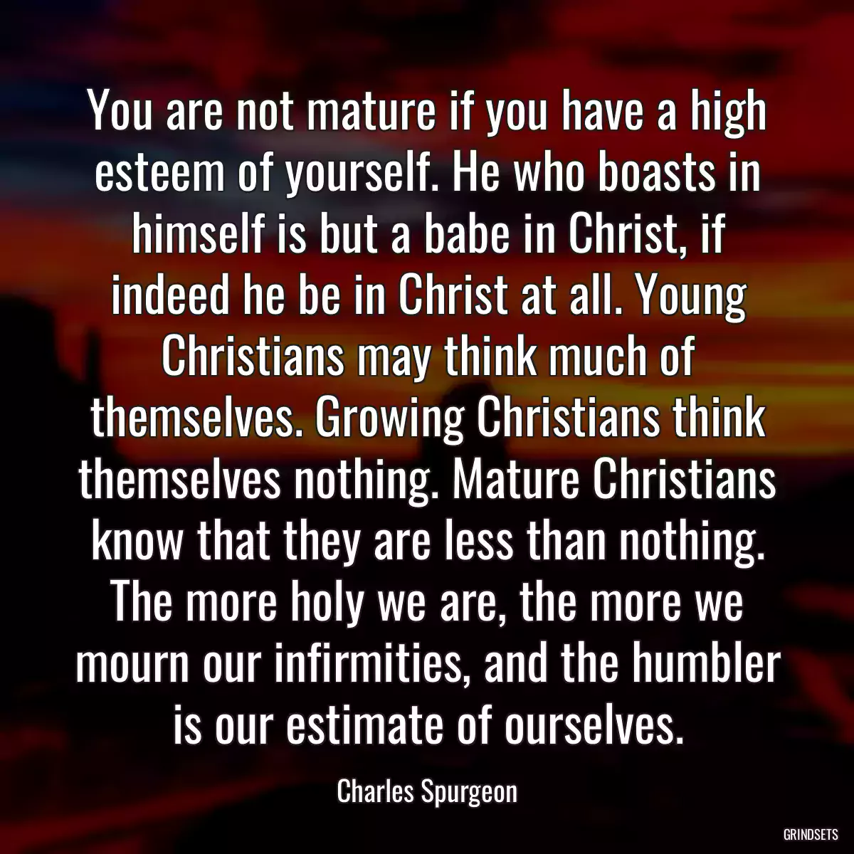 You are not mature if you have a high esteem of yourself. He who boasts in himself is but a babe in Christ, if indeed he be in Christ at all. Young Christians may think much of themselves. Growing Christians think themselves nothing. Mature Christians know that they are less than nothing. The more holy we are, the more we mourn our infirmities, and the humbler is our estimate of ourselves.