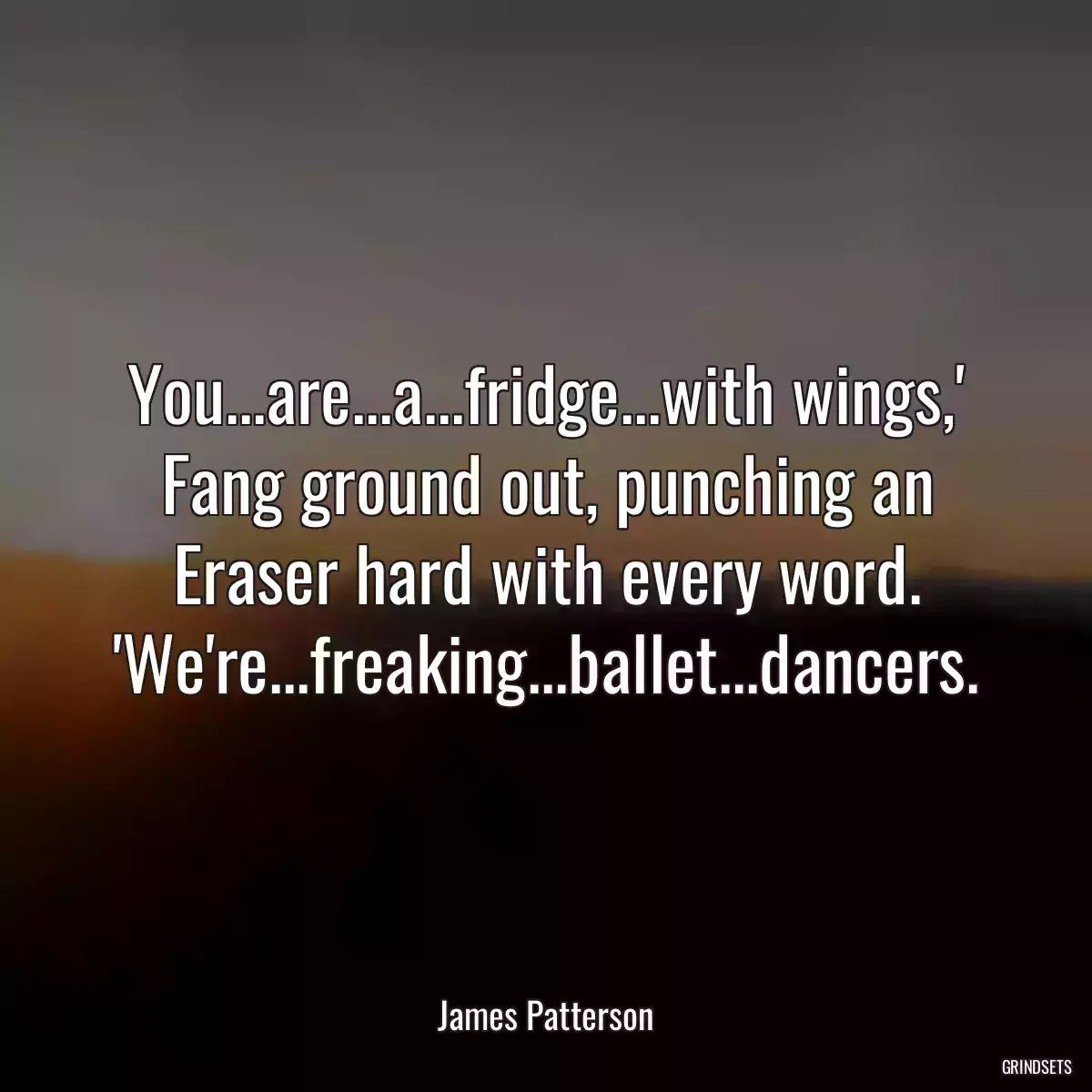 You...are...a...fridge...with wings,\' Fang ground out, punching an Eraser hard with every word. \'We\'re...freaking...ballet...dancers.