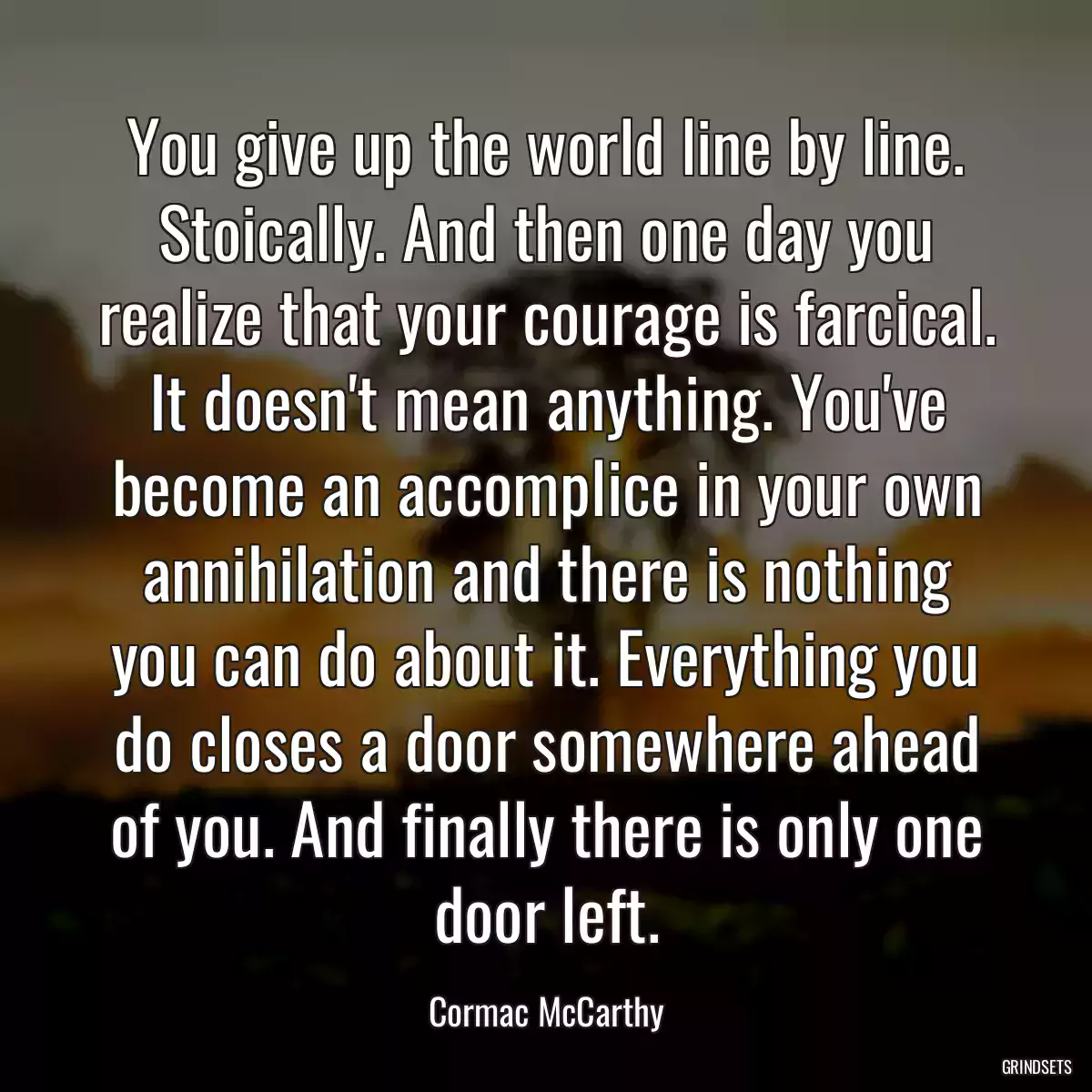 You give up the world line by line. Stoically. And then one day you realize that your courage is farcical. It doesn\'t mean anything. You\'ve become an accomplice in your own annihilation and there is nothing you can do about it. Everything you do closes a door somewhere ahead of you. And finally there is only one door left.