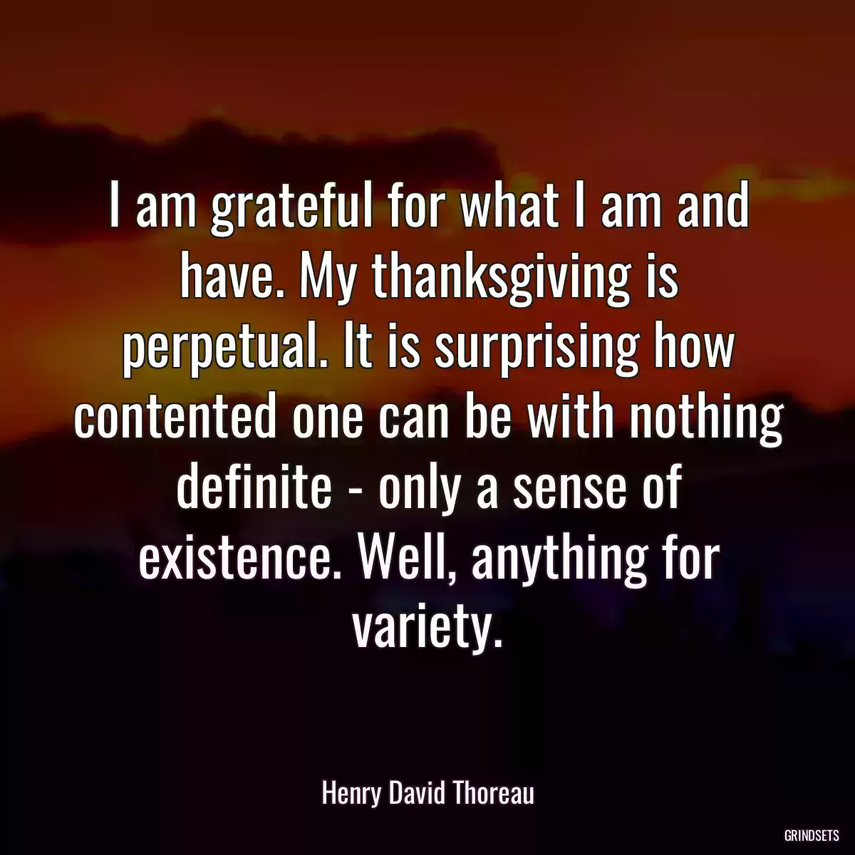 I am grateful for what I am and have. My thanksgiving is perpetual. It is surprising how contented one can be with nothing definite - only a sense of existence. Well, anything for variety.