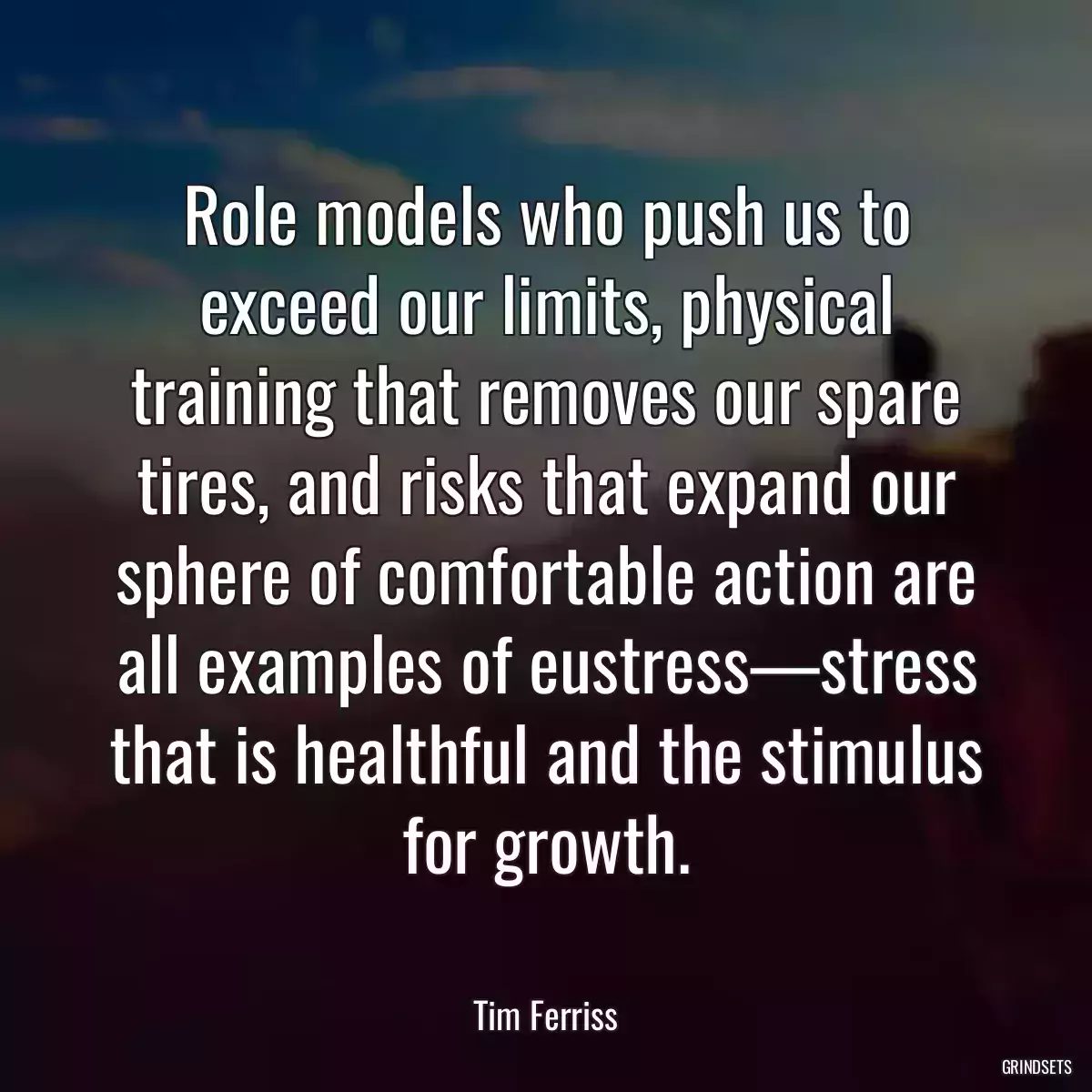 Role models who push us to exceed our limits, physical training that removes our spare tires, and risks that expand our sphere of comfortable action are all examples of eustress—stress that is healthful and the stimulus for growth.