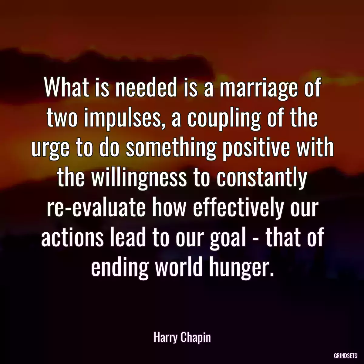 What is needed is a marriage of two impulses, a coupling of the urge to do something positive with the willingness to constantly re-evaluate how effectively our actions lead to our goal - that of ending world hunger.