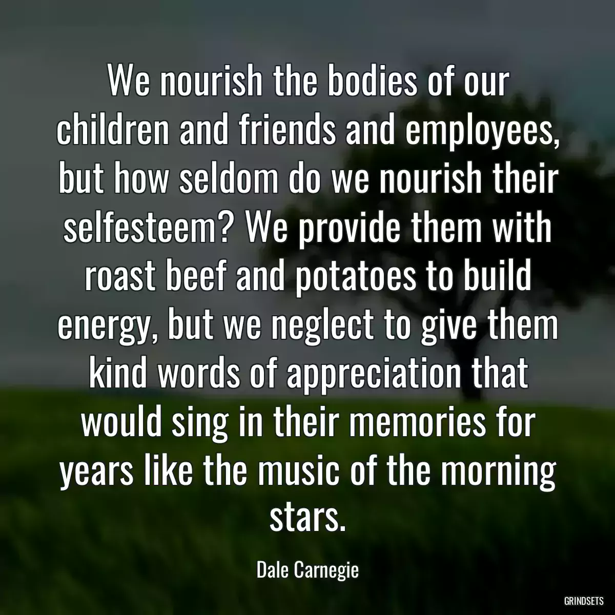 We nourish the bodies of our children and friends and employees, but how seldom do we nourish their selfesteem? We provide them with roast beef and potatoes to build energy, but we neglect to give them kind words of appreciation that would sing in their memories for years like the music of the morning stars.