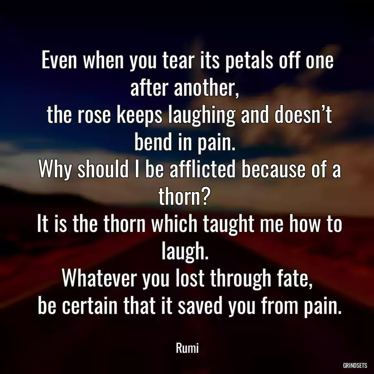 Even when you tear its petals off one after another, 
 the rose keeps laughing and doesn’t bend in pain. 
 Why should I be afflicted because of a thorn? 
 It is the thorn which taught me how to laugh. 
 Whatever you lost through fate, 
 be certain that it saved you from pain.