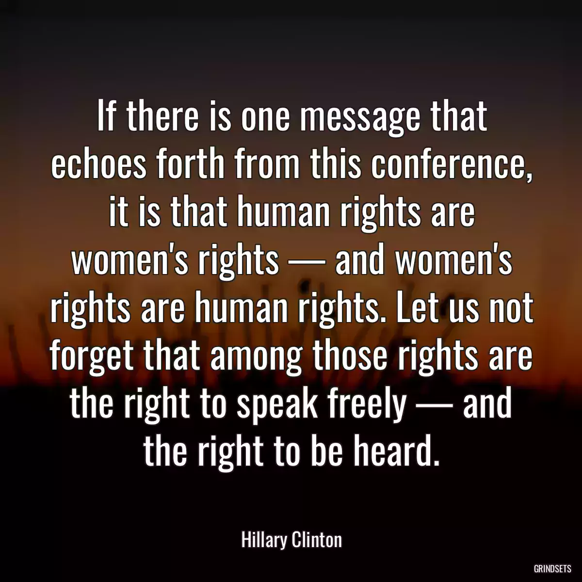 If there is one message that echoes forth from this conference, it is that human rights are women\'s rights — and women\'s rights are human rights. Let us not forget that among those rights are the right to speak freely — and the right to be heard.