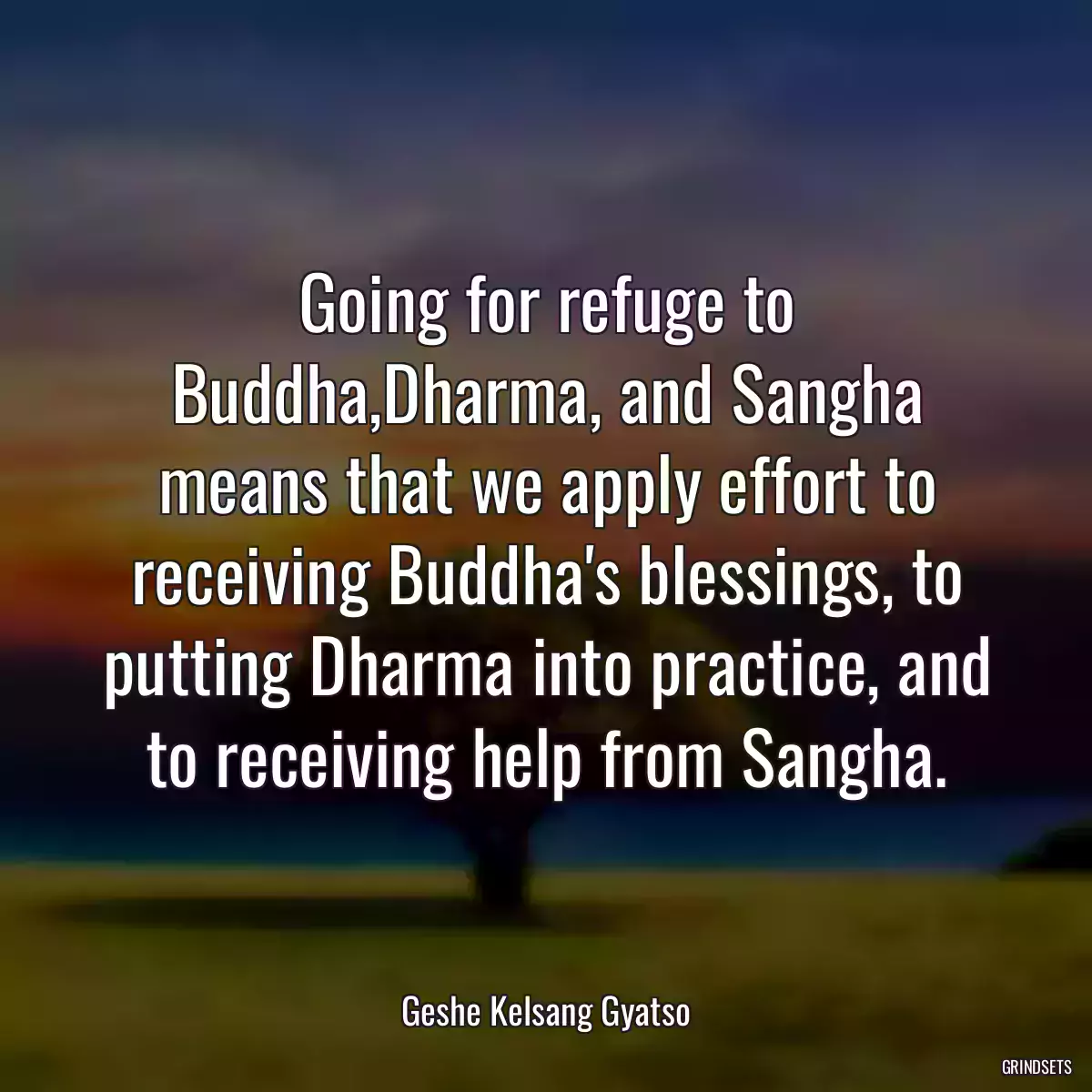 Going for refuge to Buddha,Dharma, and Sangha means that we apply effort to receiving Buddha\'s blessings, to putting Dharma into practice, and to receiving help from Sangha.