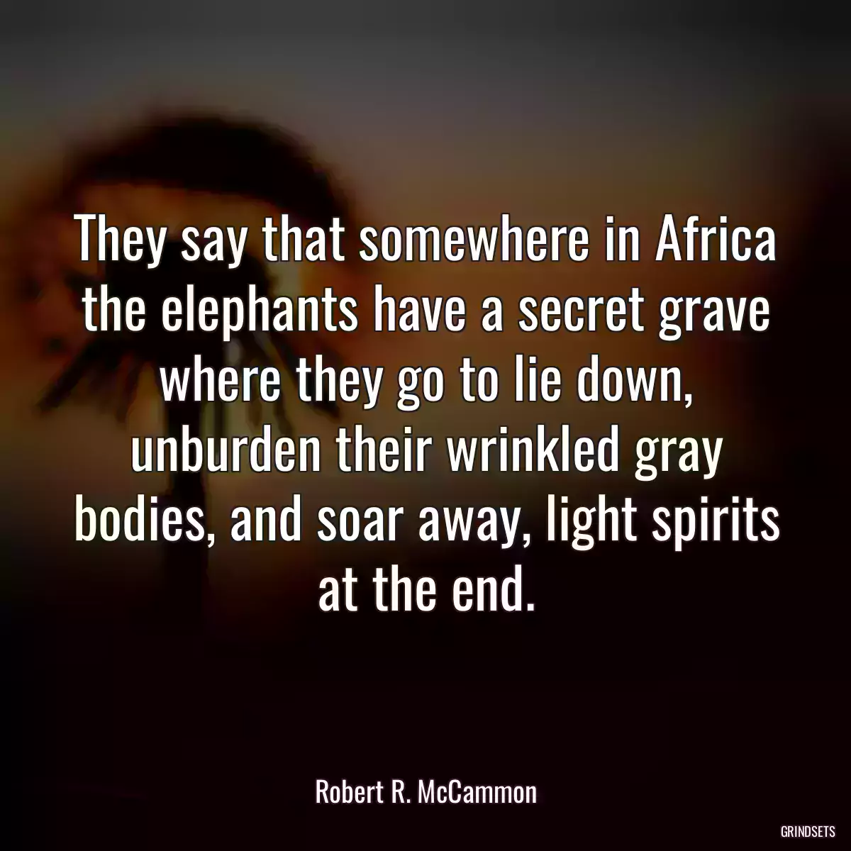 They say that somewhere in Africa the elephants have a secret grave where they go to lie down, unburden their wrinkled gray bodies, and soar away, light spirits at the end.