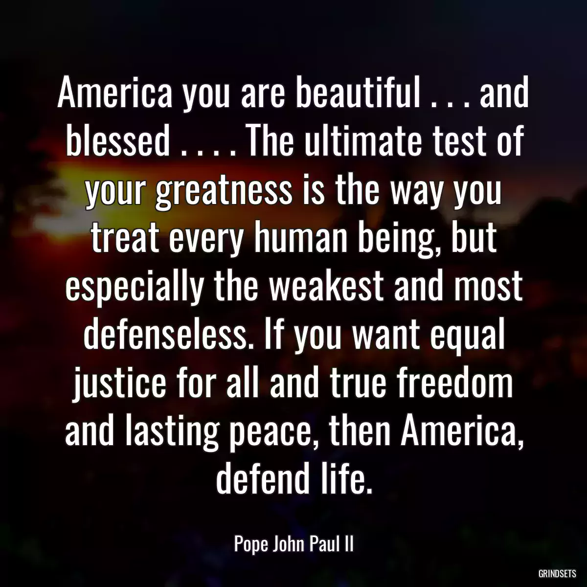 America you are beautiful . . . and blessed . . . . The ultimate test of your greatness is the way you treat every human being, but especially the weakest and most defenseless. If you want equal justice for all and true freedom and lasting peace, then America, defend life.