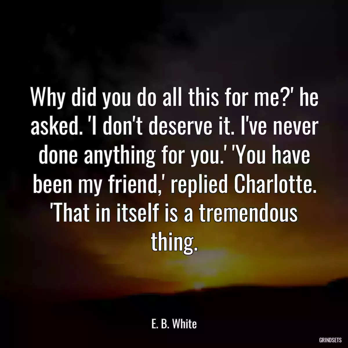 Why did you do all this for me?\' he asked. \'I don\'t deserve it. I\'ve never done anything for you.\' \'You have been my friend,\' replied Charlotte. \'That in itself is a tremendous thing.