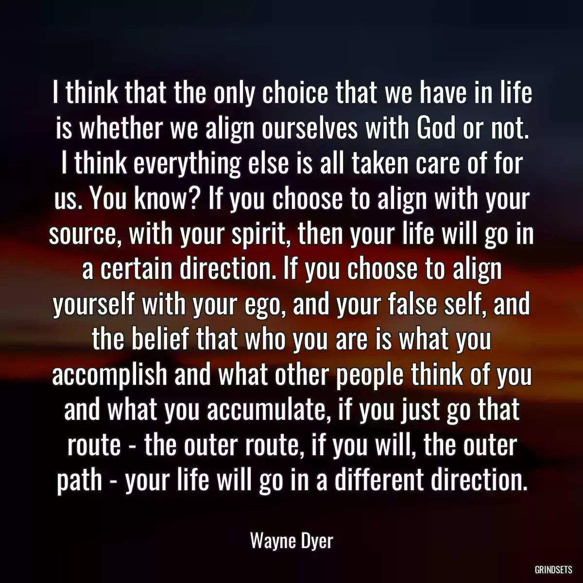 I think that the only choice that we have in life is whether we align ourselves with God or not. I think everything else is all taken care of for us. You know? If you choose to align with your source, with your spirit, then your life will go in a certain direction. If you choose to align yourself with your ego, and your false self, and the belief that who you are is what you accomplish and what other people think of you and what you accumulate, if you just go that route - the outer route, if you will, the outer path - your life will go in a different direction.