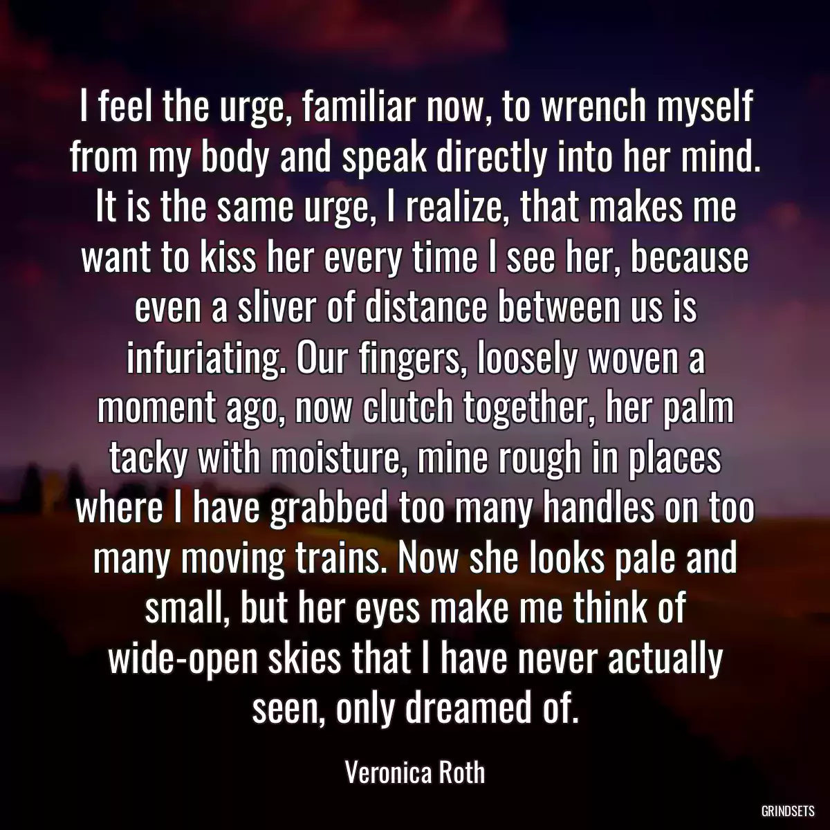 I feel the urge, familiar now, to wrench myself from my body and speak directly into her mind. It is the same urge, I realize, that makes me want to kiss her every time I see her, because even a sliver of distance between us is infuriating. Our fingers, loosely woven a moment ago, now clutch together, her palm tacky with moisture, mine rough in places where I have grabbed too many handles on too many moving trains. Now she looks pale and small, but her eyes make me think of wide-open skies that I have never actually seen, only dreamed of.