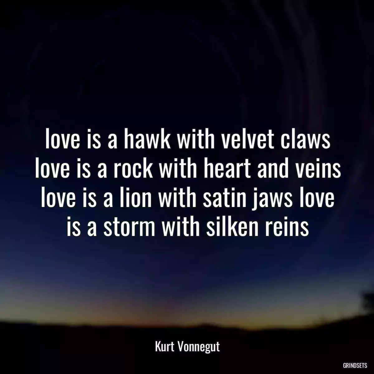 love is a hawk with velvet claws love is a rock with heart and veins love is a lion with satin jaws love is a storm with silken reins