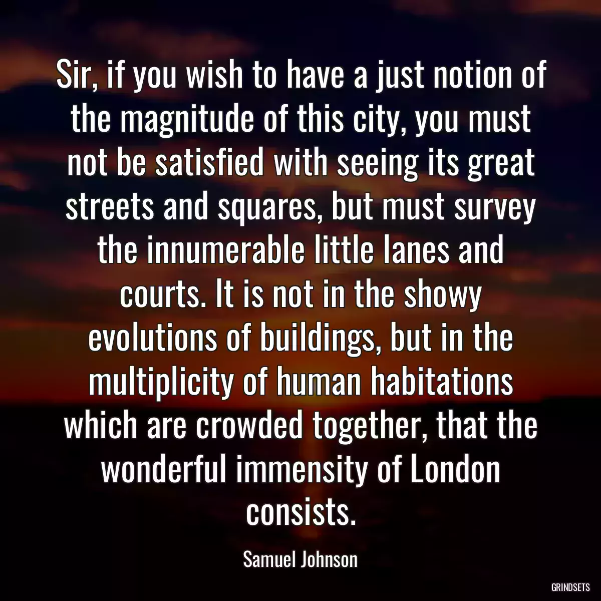 Sir, if you wish to have a just notion of the magnitude of this city, you must not be satisfied with seeing its great streets and squares, but must survey the innumerable little lanes and courts. It is not in the showy evolutions of buildings, but in the multiplicity of human habitations which are crowded together, that the wonderful immensity of London consists.