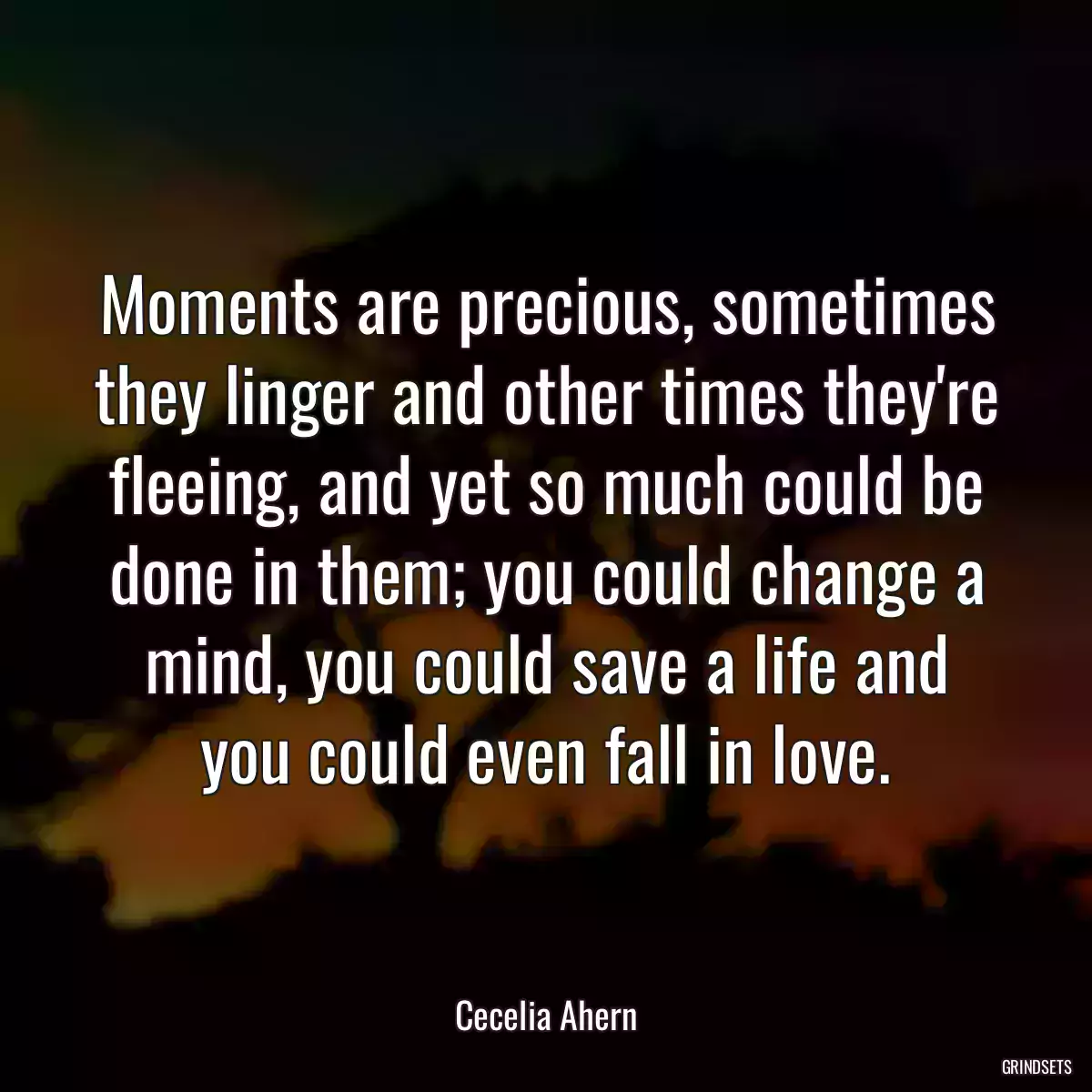 Moments are precious, sometimes they linger and other times they\'re fleeing, and yet so much could be done in them; you could change a mind, you could save a life and you could even fall in love.